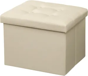 AmasSmile Storage Ottoman Folding Foot Rest Stool, Leather Footstool Bench, Short Ottoman Stool, Storage Foot Rest Store, Books (Beige, 17"*13"*13")