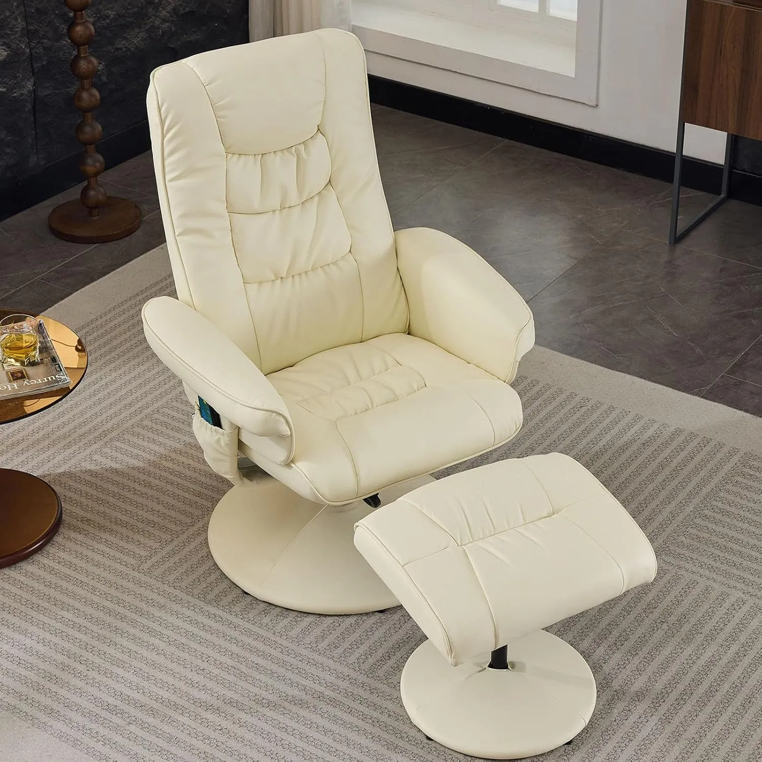 Anwick Recliner with Ottoman, Reclining Chair with Massage, 360° Swivel Lounge Chair for Living Room & Bedroom, Wood Base, Side Pocket, Adjustable Backrest (Beige)