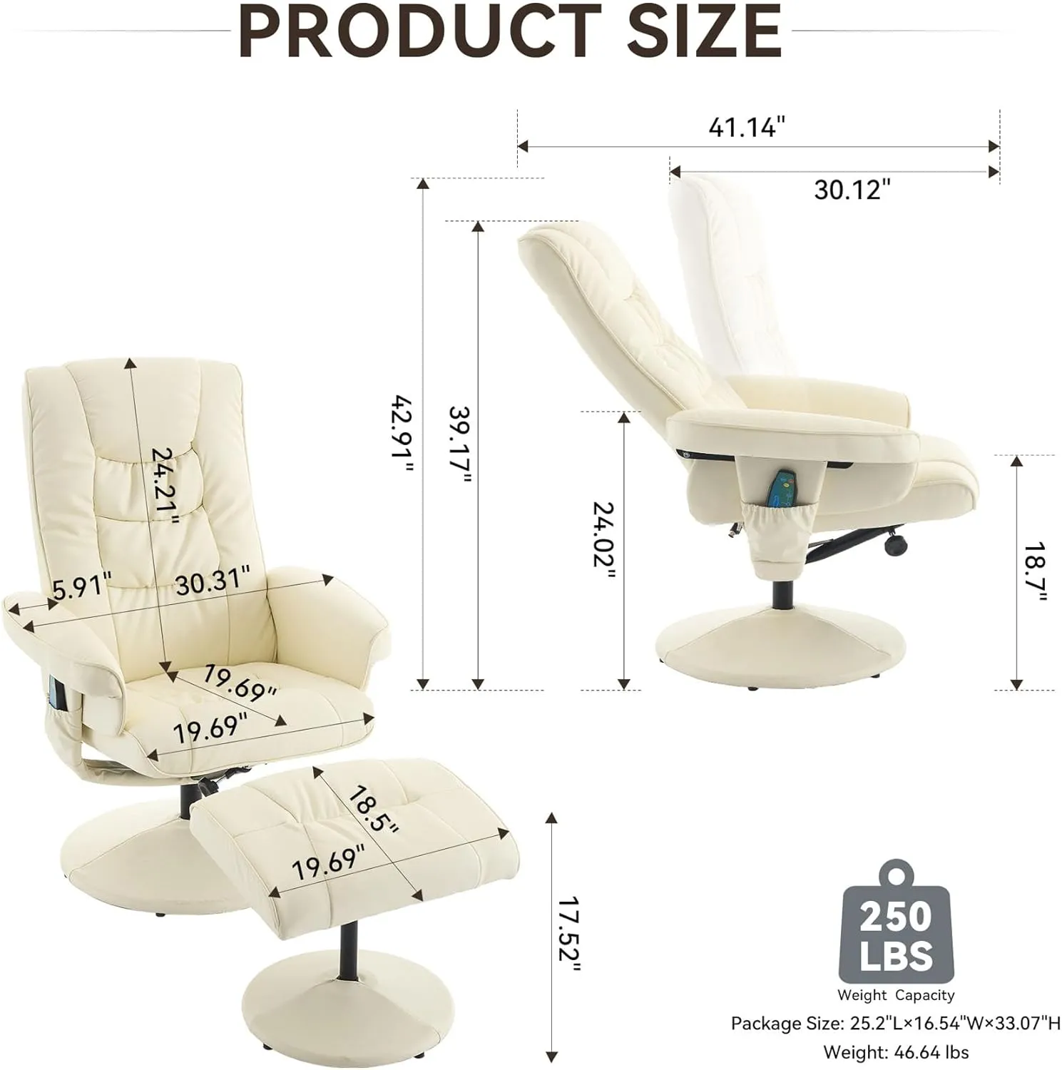Anwick Recliner with Ottoman, Reclining Chair with Massage, 360° Swivel Lounge Chair for Living Room & Bedroom, Wood Base, Side Pocket, Adjustable Backrest (Beige)