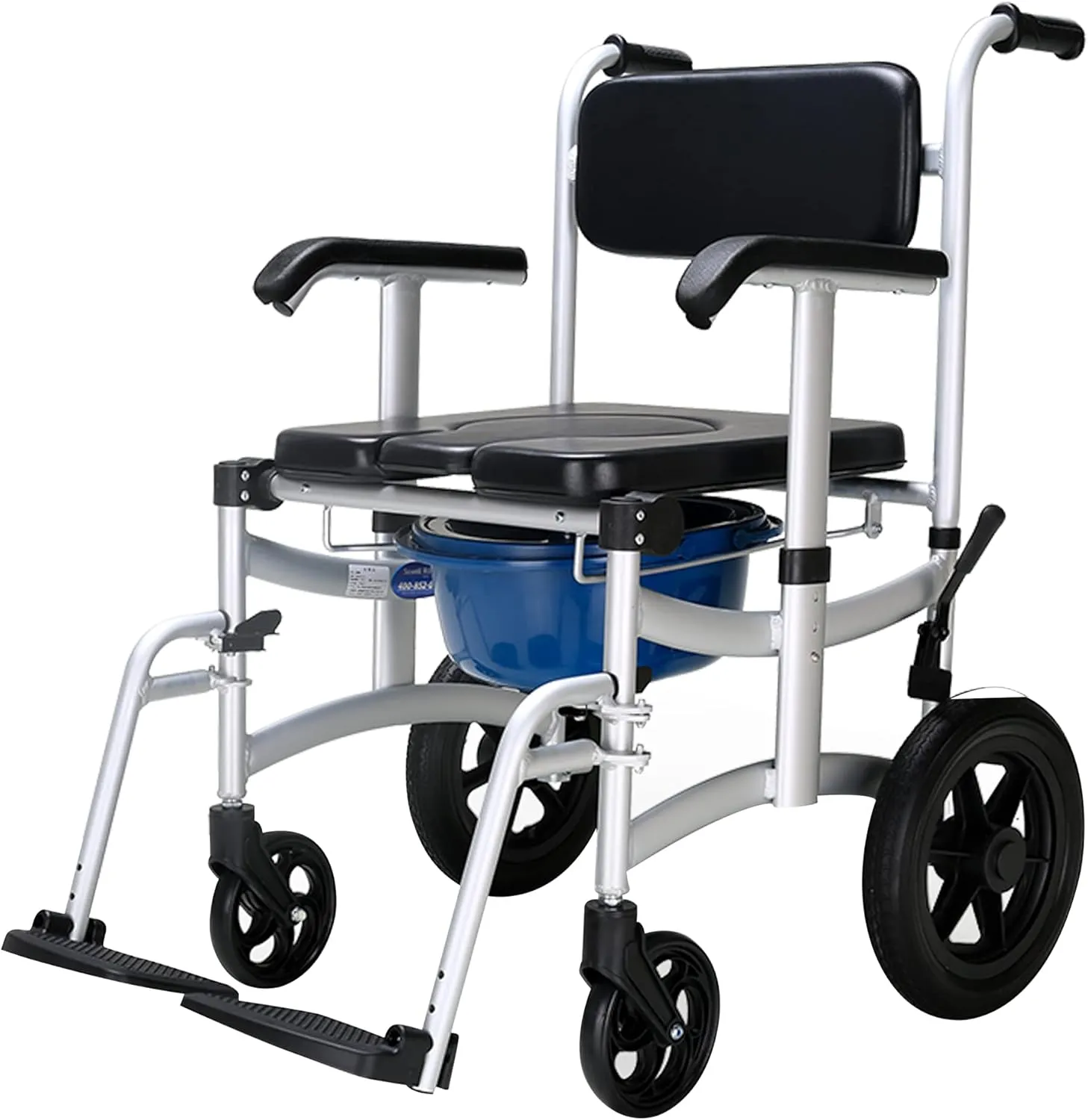 AOI Mobile Shower Chair, Toilet Commode Wheelchair with Handbrake, Removable Pedal, Adjustable Armrest, 12" Rear Wheel