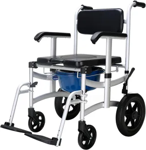 AOI Mobile Shower Chair, Toilet Commode Wheelchair with Handbrake, Removable Pedal, Adjustable Armrest, 12" Rear Wheel