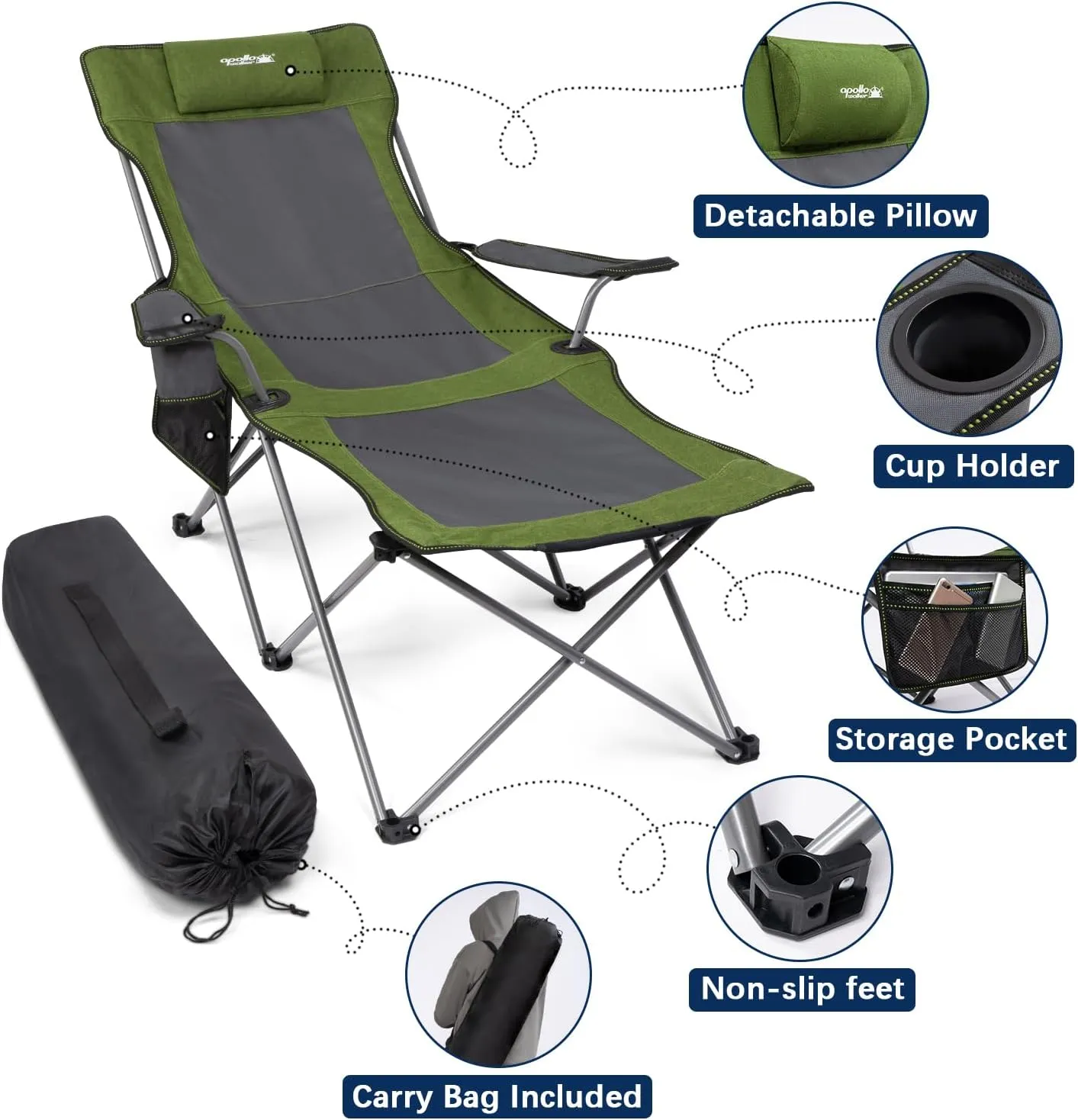 apollo walker Camping Chairs for Adults - 6 Legged Beach Chair with Foot Rest, Adjustable 90° - 135° Reclining Lounge Chair Outdoor, Folding Chairs for Outside with Detachable Pillow & Carry Bag Green