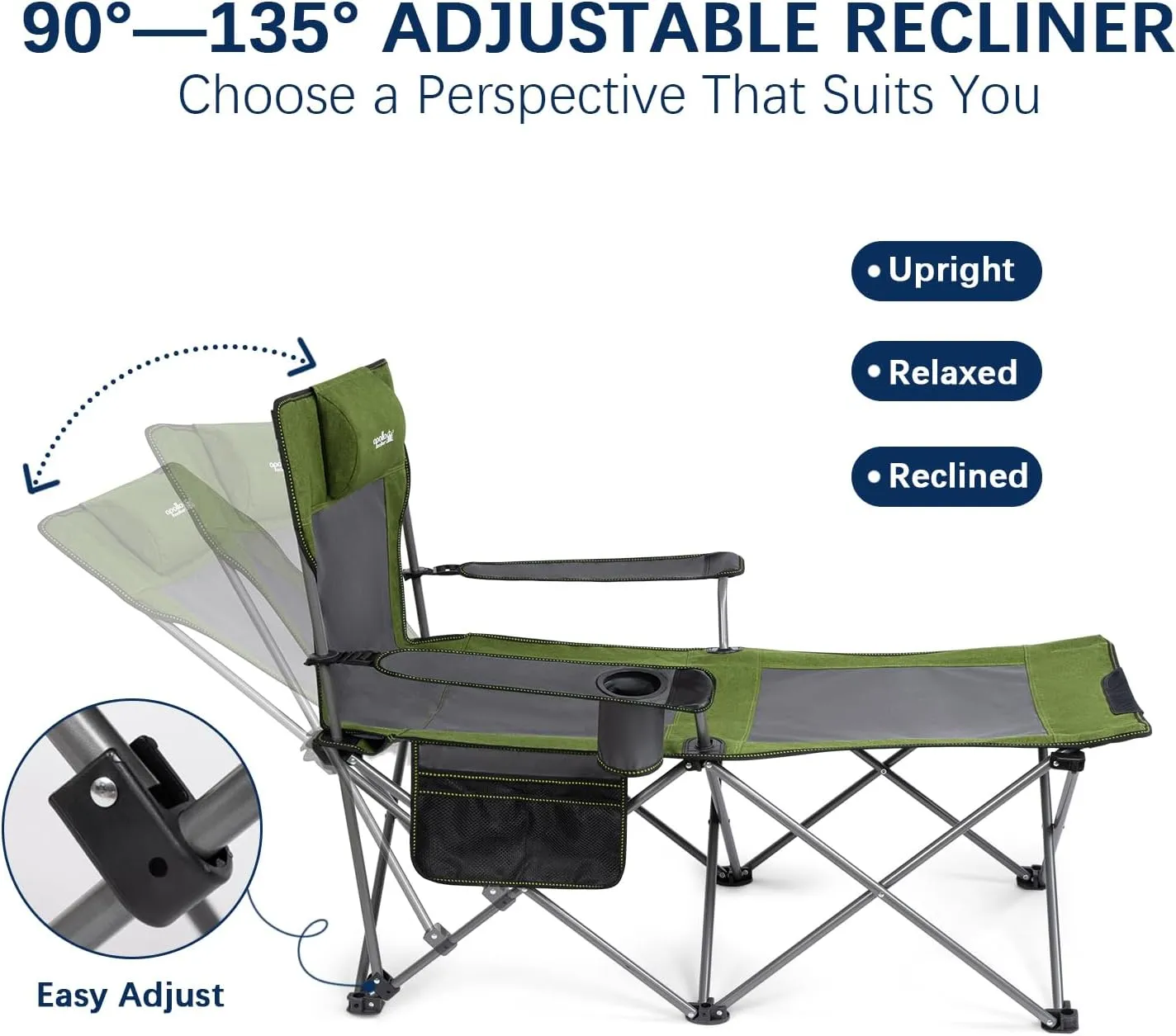 apollo walker Camping Chairs for Adults - 6 Legged Beach Chair with Foot Rest, Adjustable 90° - 135° Reclining Lounge Chair Outdoor, Folding Chairs for Outside with Detachable Pillow & Carry Bag Green