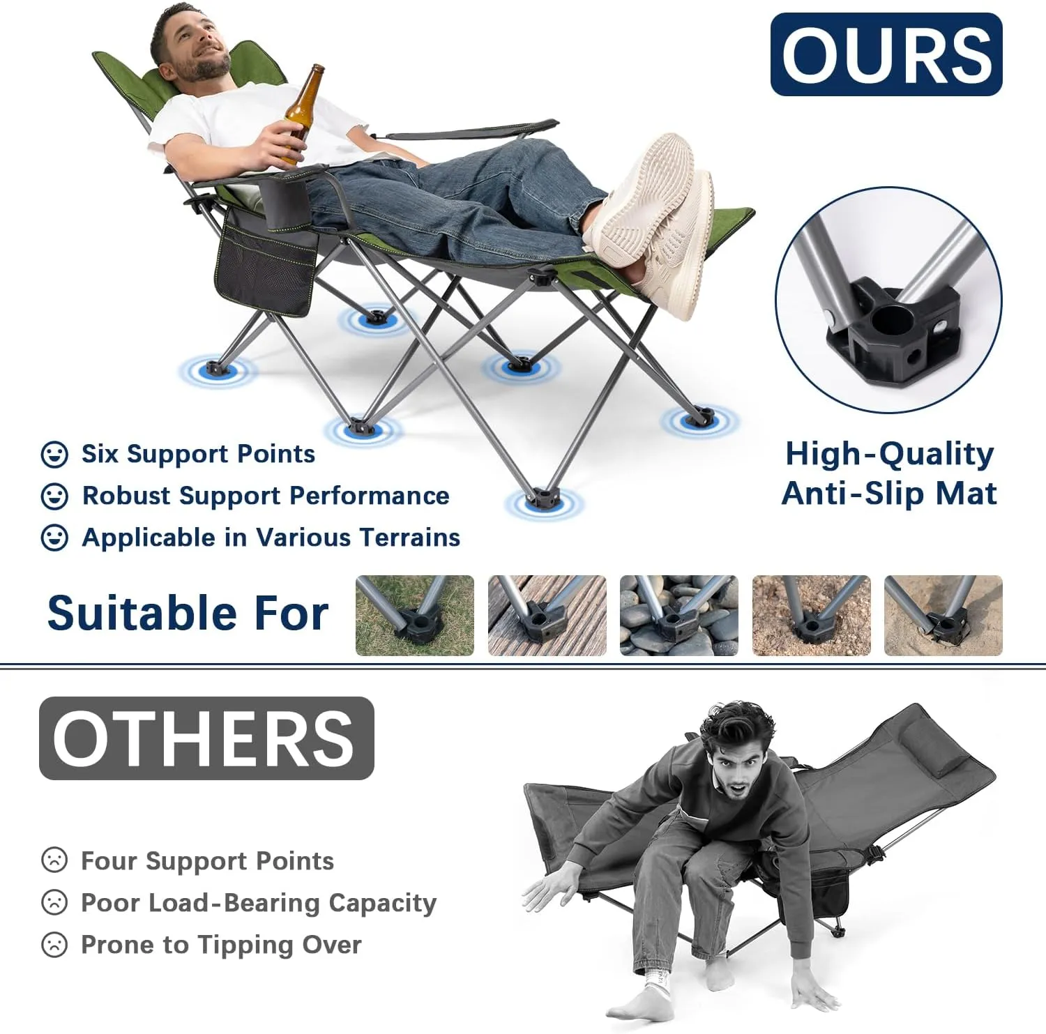 apollo walker Camping Chairs for Adults - 6 Legged Beach Chair with Foot Rest, Adjustable 90° - 135° Reclining Lounge Chair Outdoor, Folding Chairs for Outside with Detachable Pillow & Carry Bag Green