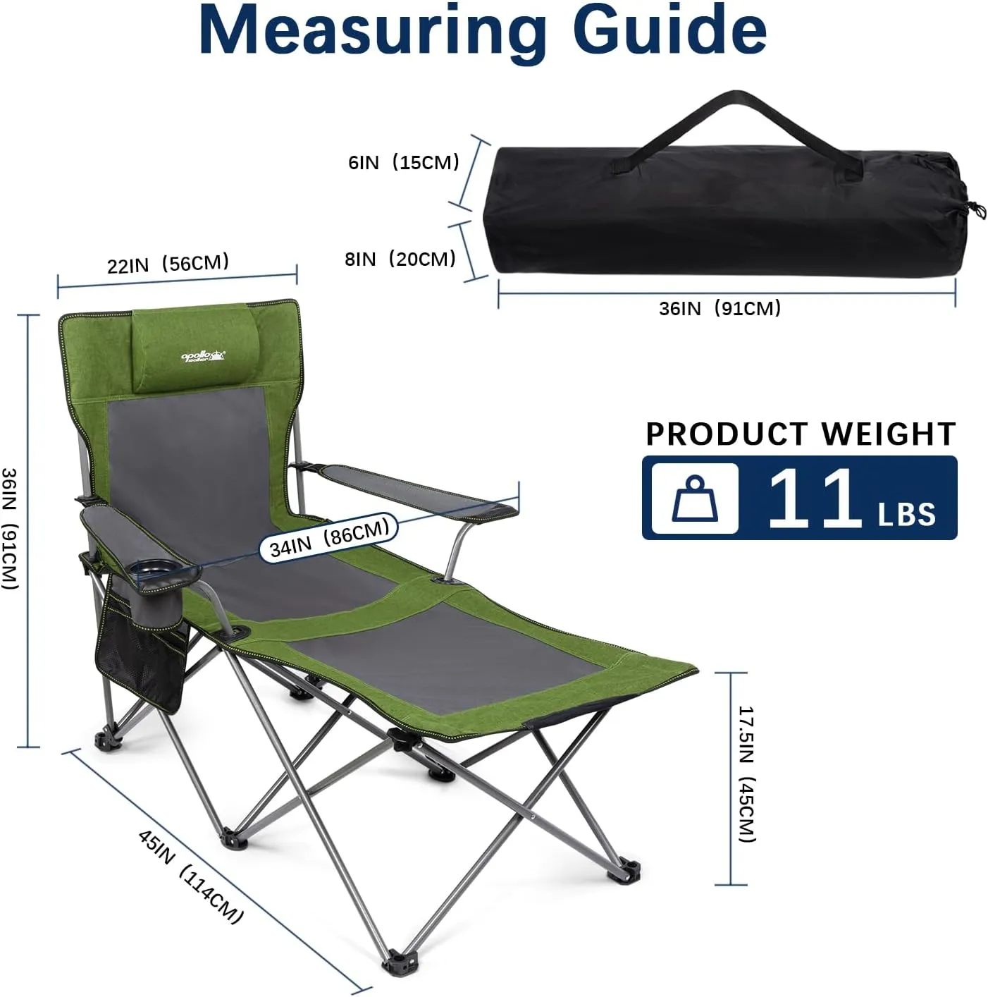 apollo walker Camping Chairs for Adults - 6 Legged Beach Chair with Foot Rest, Adjustable 90° - 135° Reclining Lounge Chair Outdoor, Folding Chairs for Outside with Detachable Pillow & Carry Bag Green