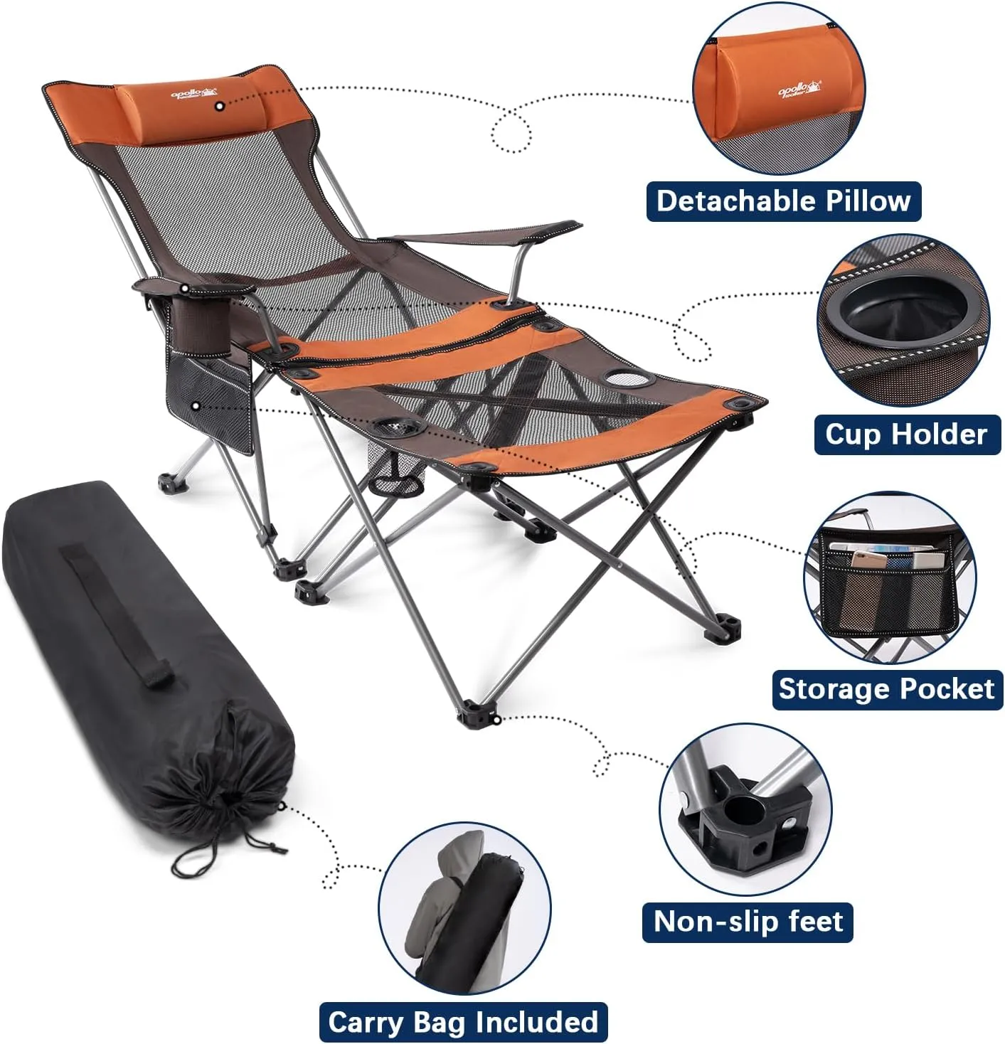 apollo walker Camping Chairs for Adults - 8 Legged 3 in 1 Detachable Beach Chair with Foot Rest, Adjustable 90° - 130° Reclining Lounge Chair Outdoor, Folding Chairs for Outside with Pillow, Carry Bag