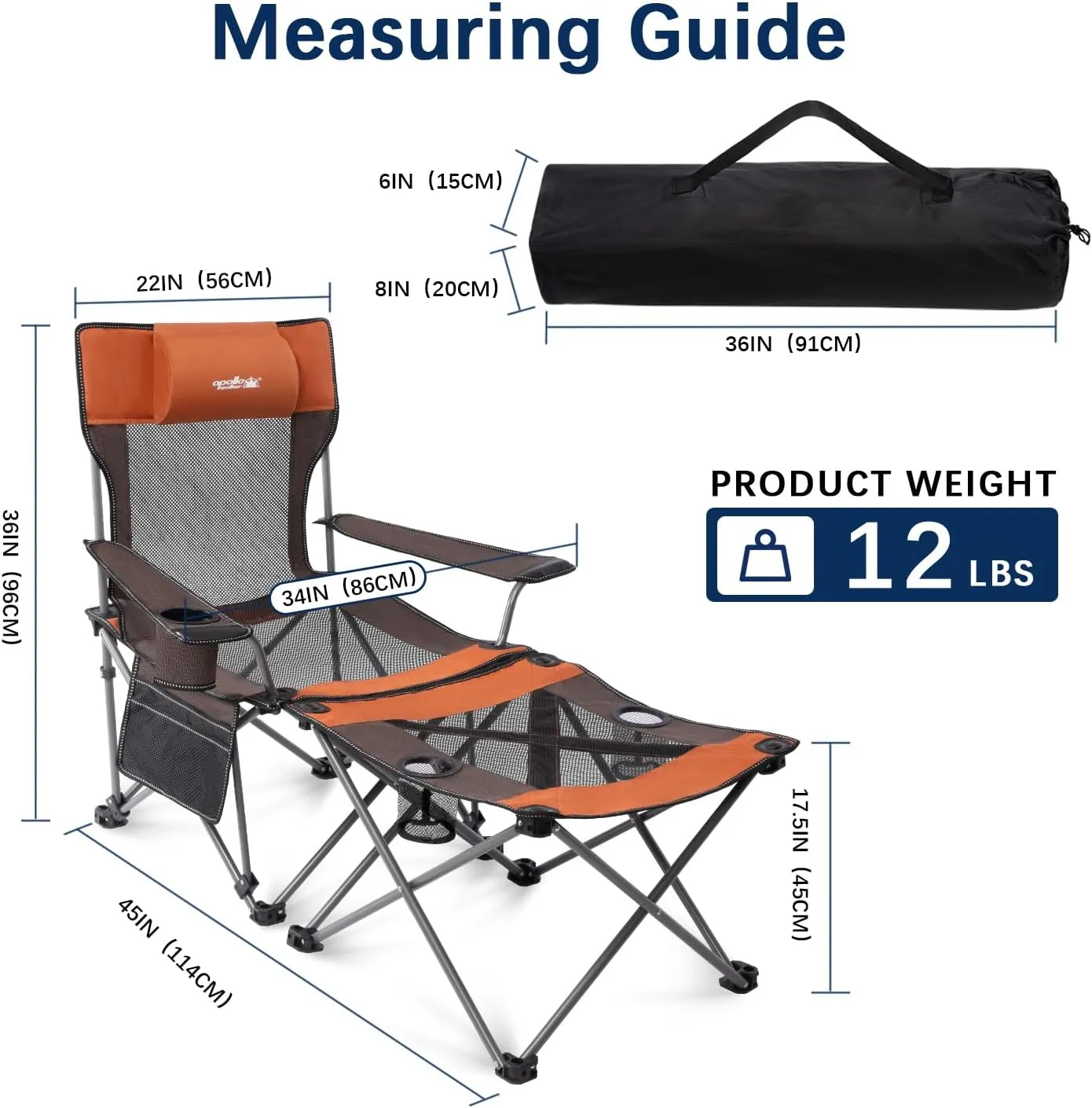 apollo walker Camping Chairs for Adults - 8 Legged 3 in 1 Detachable Beach Chair with Foot Rest, Adjustable 90° - 130° Reclining Lounge Chair Outdoor, Folding Chairs for Outside with Pillow, Carry Bag