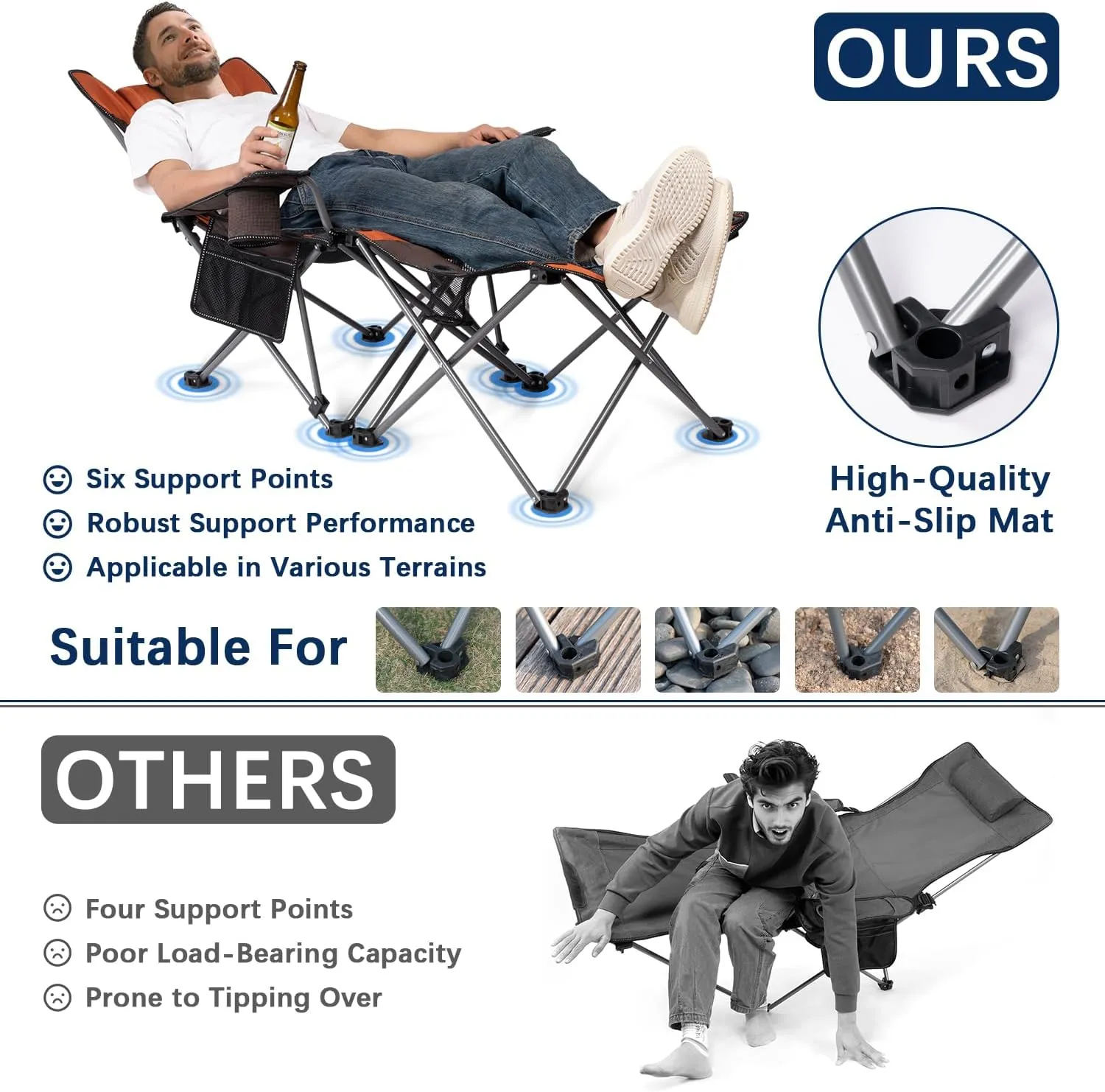 apollo walker Camping Chairs for Adults - 8 Legged 3 in 1 Detachable Beach Chair with Foot Rest, Adjustable 90° - 130° Reclining Lounge Chair Outdoor, Folding Chairs for Outside with Pillow, Carry Bag