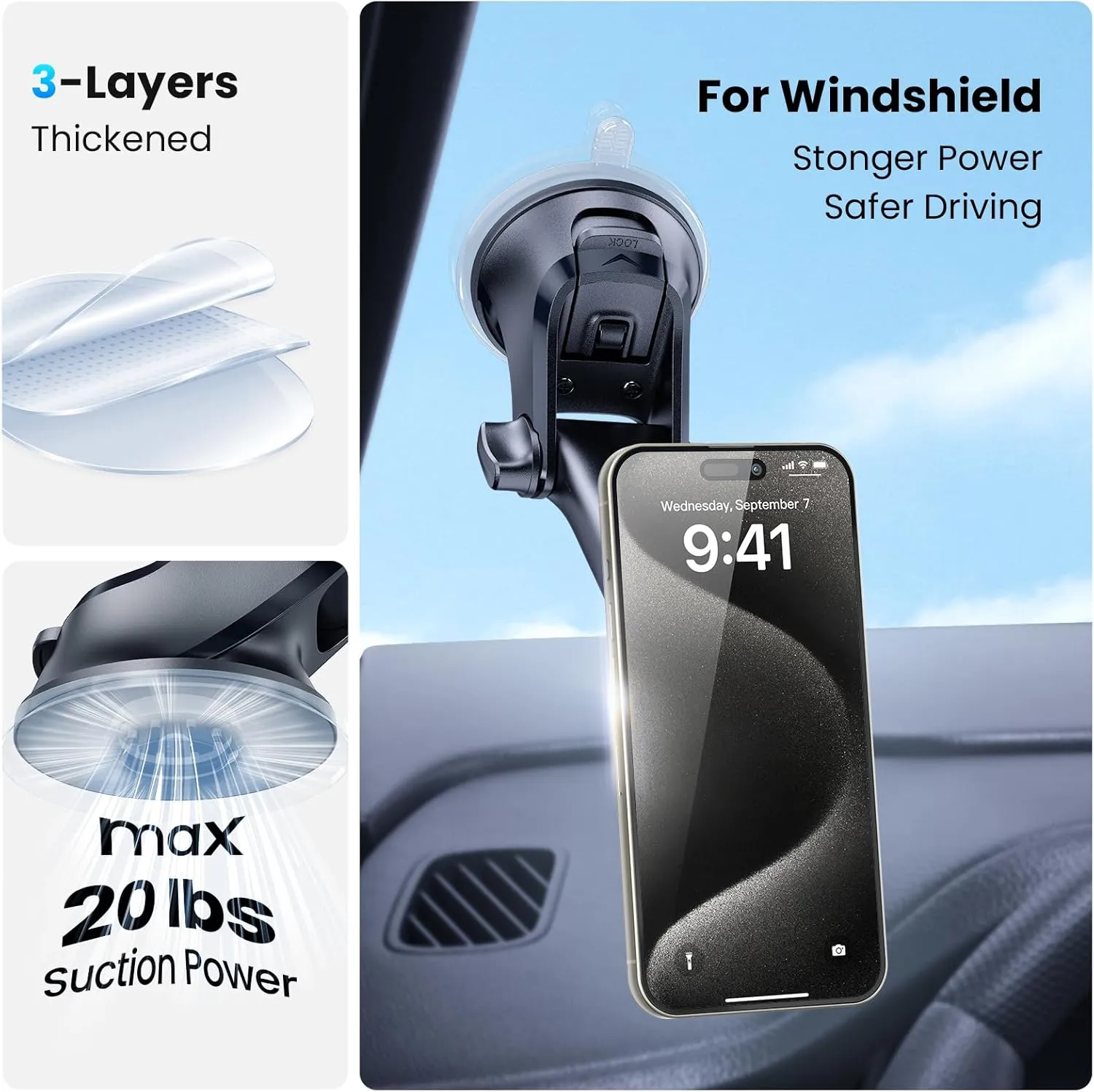 APPS2Car Magnetic Phone Mount for Car – Industrial Suction Cup Dashboard & Windshield Holder with Telescopic Arm, 6 Strong Magnets – Universal Fit for iPhone & Android (Metal Plate Required)
