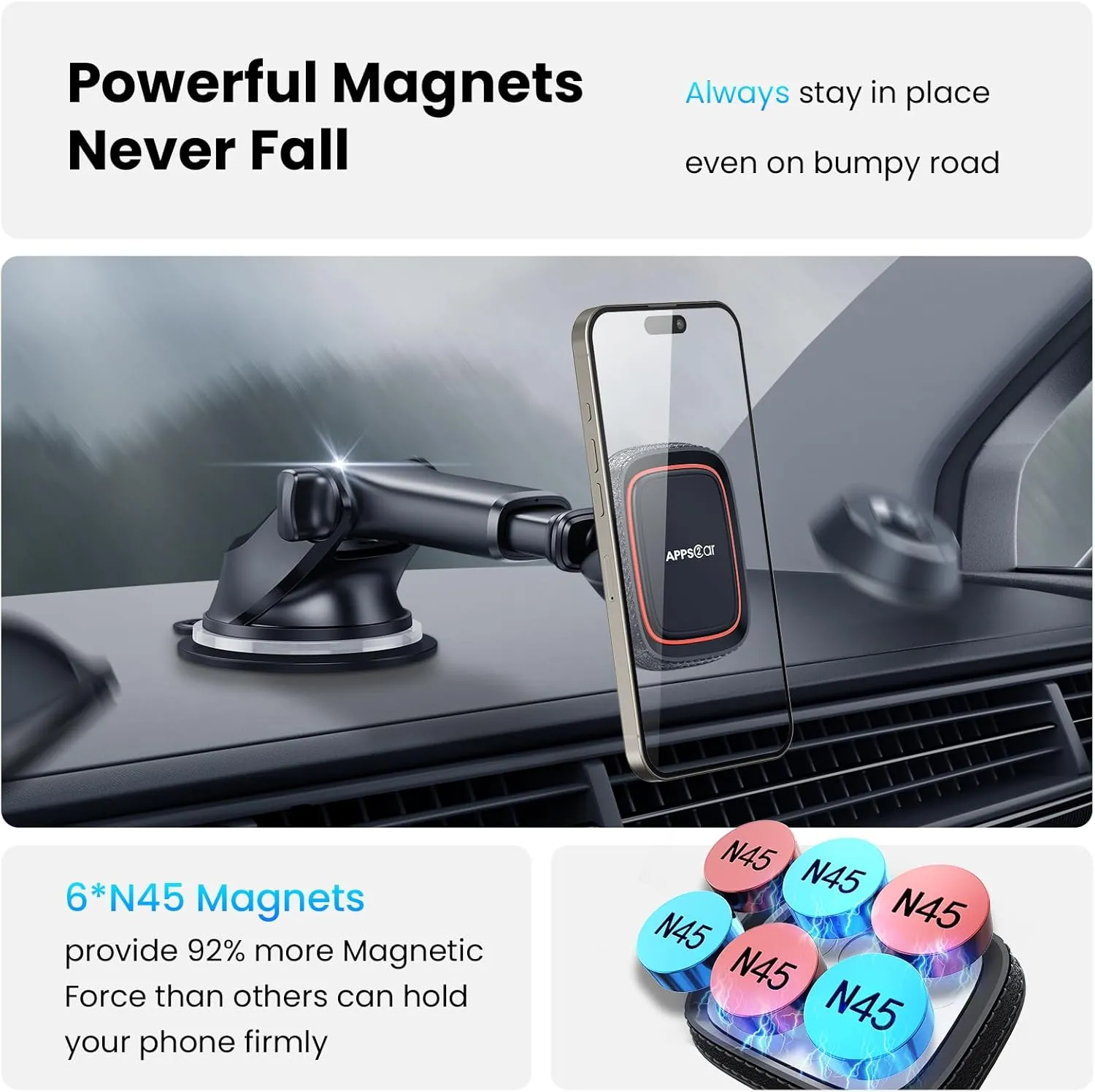 APPS2Car Magnetic Phone Mount for Car – Industrial Suction Cup Dashboard & Windshield Holder with Telescopic Arm, 6 Strong Magnets – Universal Fit for iPhone & Android (Metal Plate Required)
