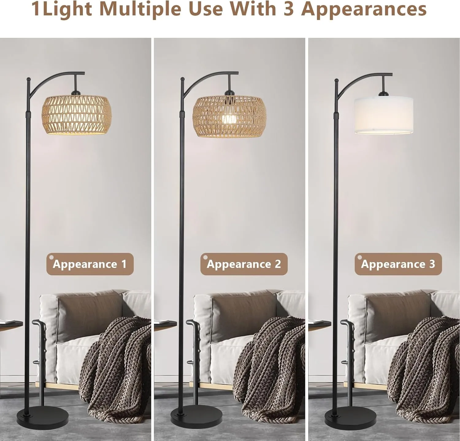 Arc Floor Lamp with Remote Control, Dimmable LED Floor Lamp with 3 Color Temperature, Black Standing Lamp with Rattan & Fabric Double Drum Shade, Boho Farmhouse Tall Pole Lamp for Living Room Bedroom