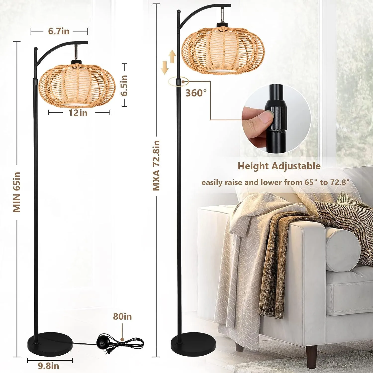 Arc Floor Lamps for Living Room Bedroom Rattan Boho Floor Lamp with Remote Control,Dimmable Led Standing Lamp Wicker Lamp Shade Rustic Tall Floor Lamp Modern Flower Lamp for Bedroom Corner