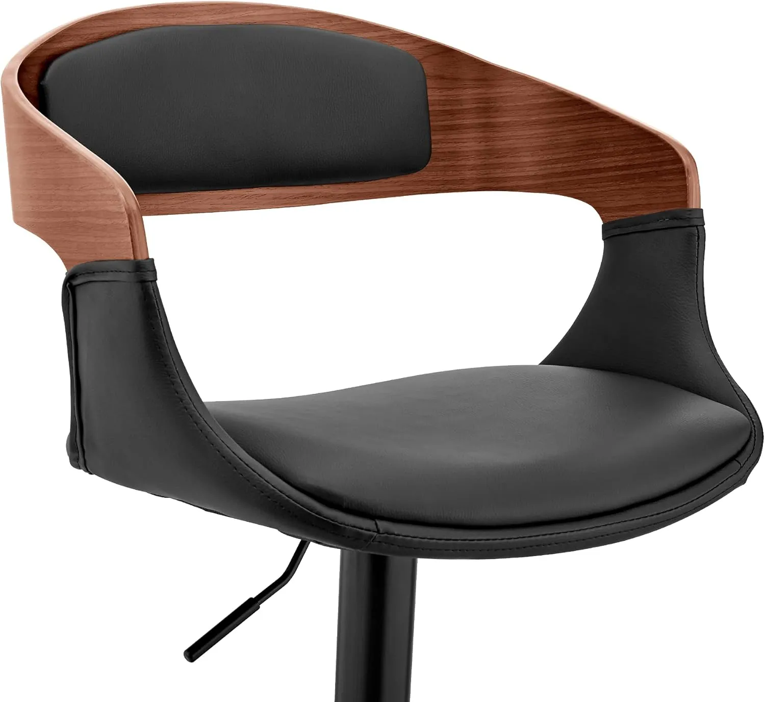 Armen Living Benson Adjustable Height Black Faux Leather and Walnut Wood Bar Stool with Black Base