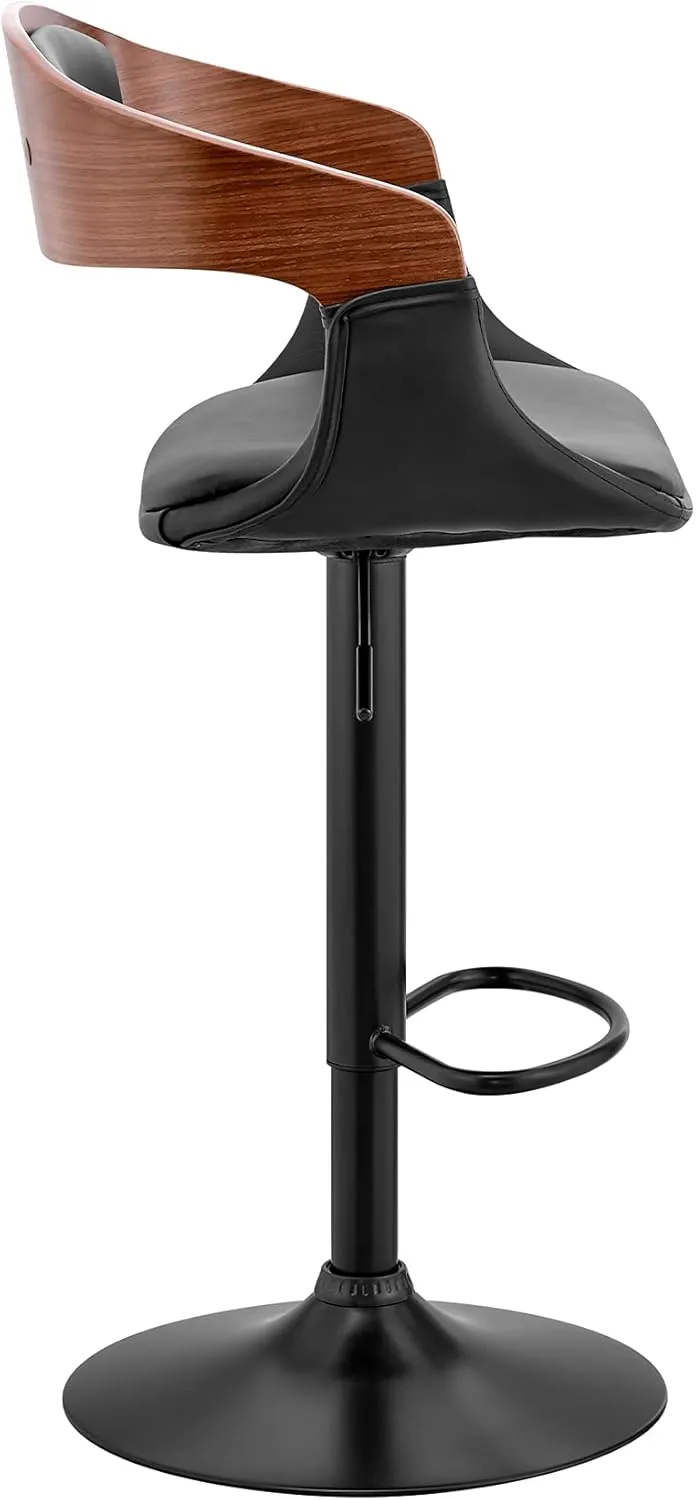 Armen Living Benson Adjustable Height Black Faux Leather and Walnut Wood Bar Stool with Black Base