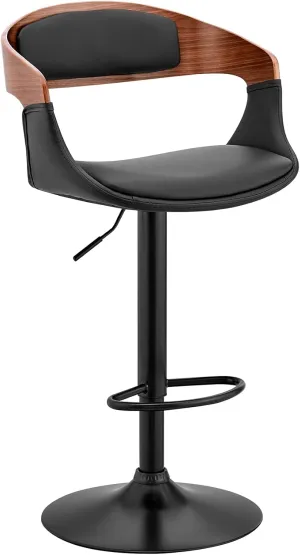 Armen Living Benson Adjustable Height Black Faux Leather and Walnut Wood Bar Stool with Black Base