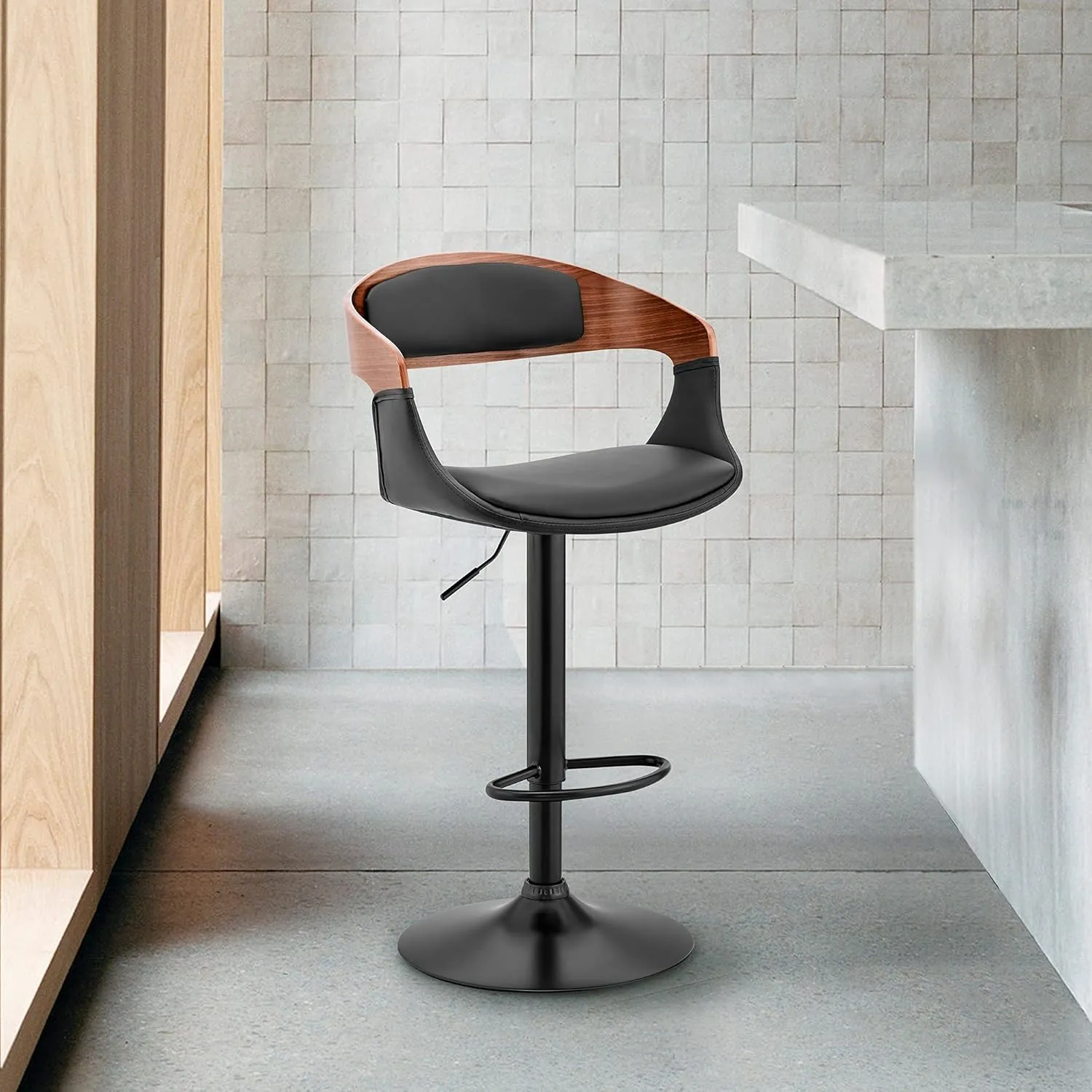 Armen Living Benson Adjustable Height Black Faux Leather and Walnut Wood Bar Stool with Black Base