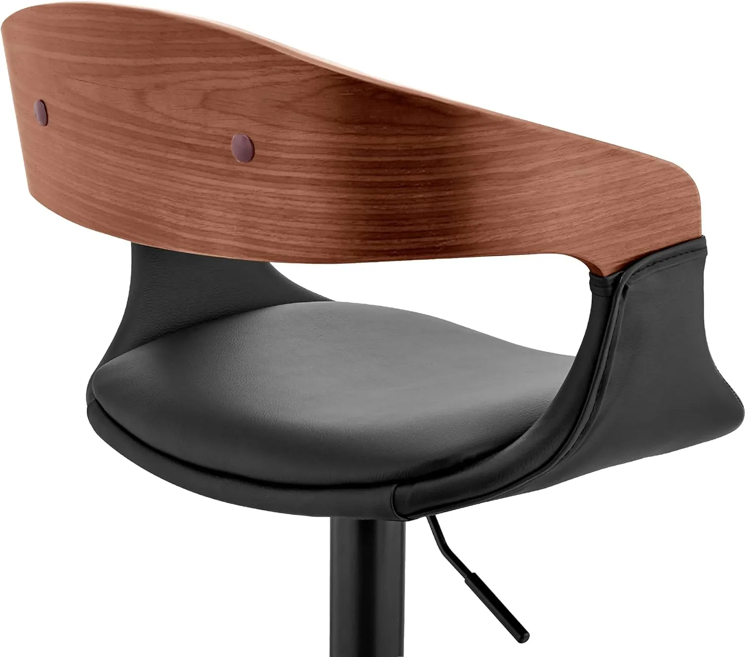 Armen Living Benson Adjustable Height Black Faux Leather and Walnut Wood Bar Stool with Black Base
