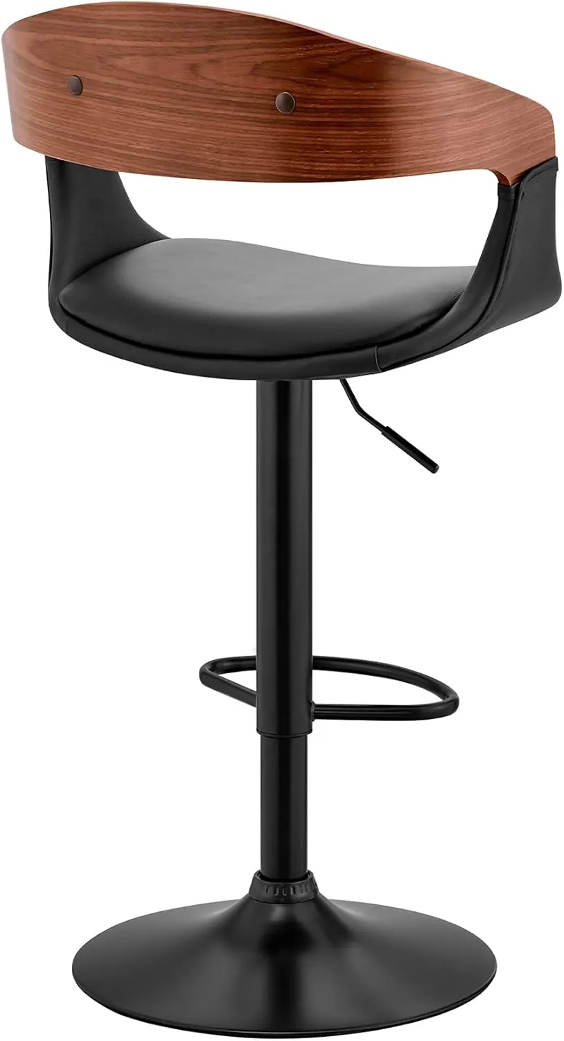 Armen Living Benson Adjustable Height Black Faux Leather and Walnut Wood Bar Stool with Black Base
