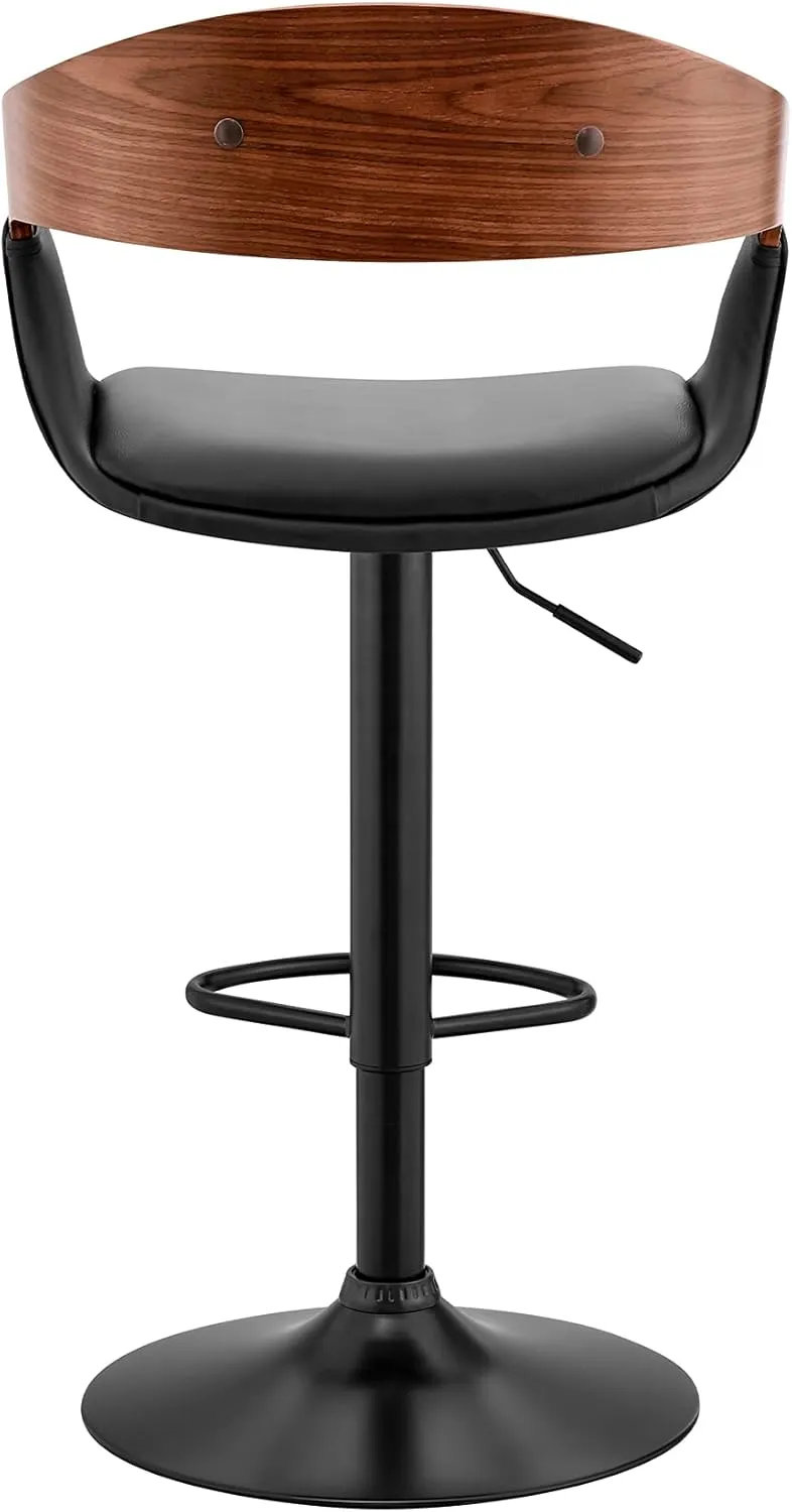 Armen Living Benson Adjustable Height Black Faux Leather and Walnut Wood Bar Stool with Black Base