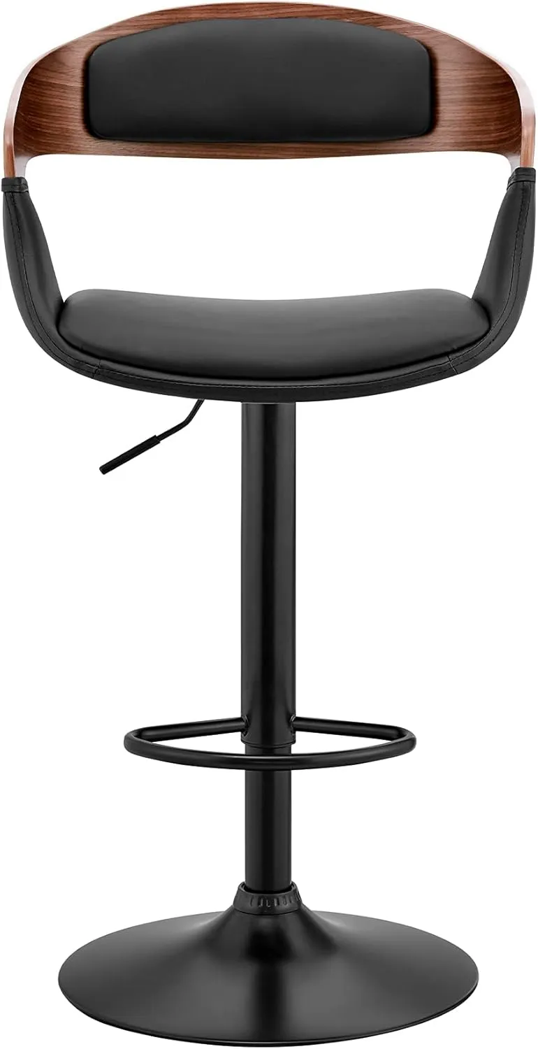Armen Living Benson Adjustable Height Black Faux Leather and Walnut Wood Bar Stool with Black Base