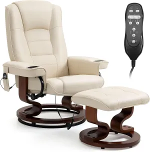 AVAWING Reclining Chair with Vibration Massage Faux Leather Recliner with Ottoman Swivel Wood Recliner Chairs for Living Room, Beige