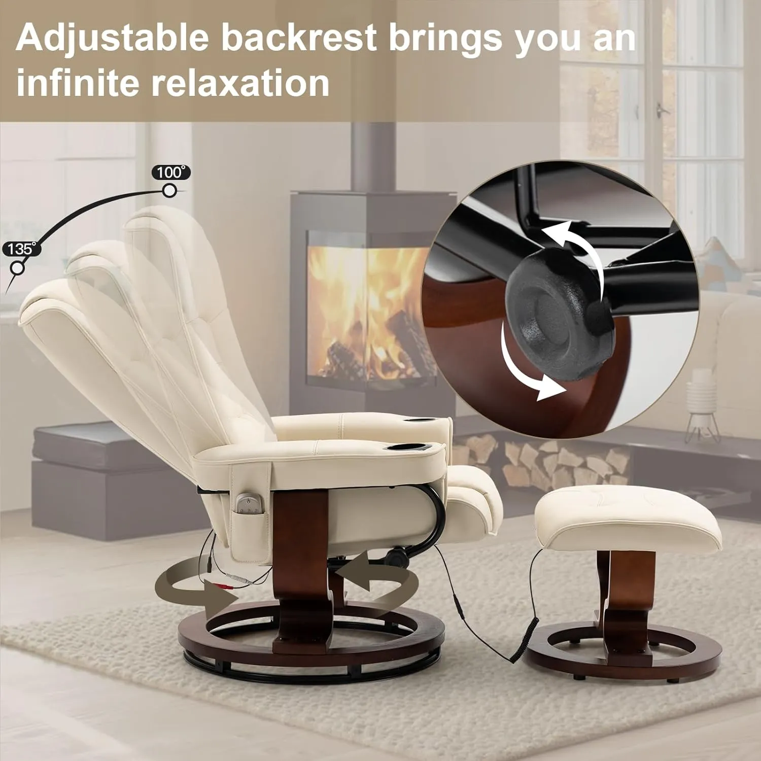 AVAWING Reclining Chair with Vibration Massage Faux Leather Recliner with Ottoman Swivel Wood Recliner Chairs for Living Room, Beige