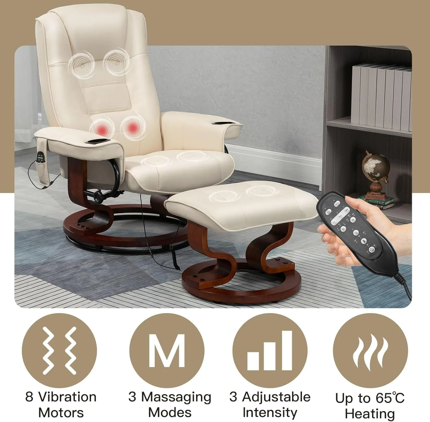 AVAWING Reclining Chair with Vibration Massage Faux Leather Recliner with Ottoman Swivel Wood Recliner Chairs for Living Room, Beige