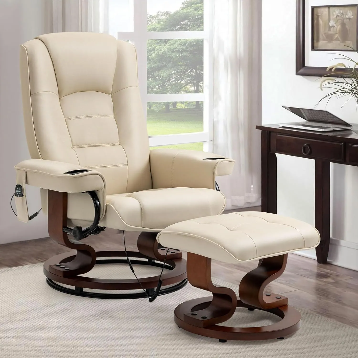 AVAWING Reclining Chair with Vibration Massage Faux Leather Recliner with Ottoman Swivel Wood Recliner Chairs for Living Room, Beige