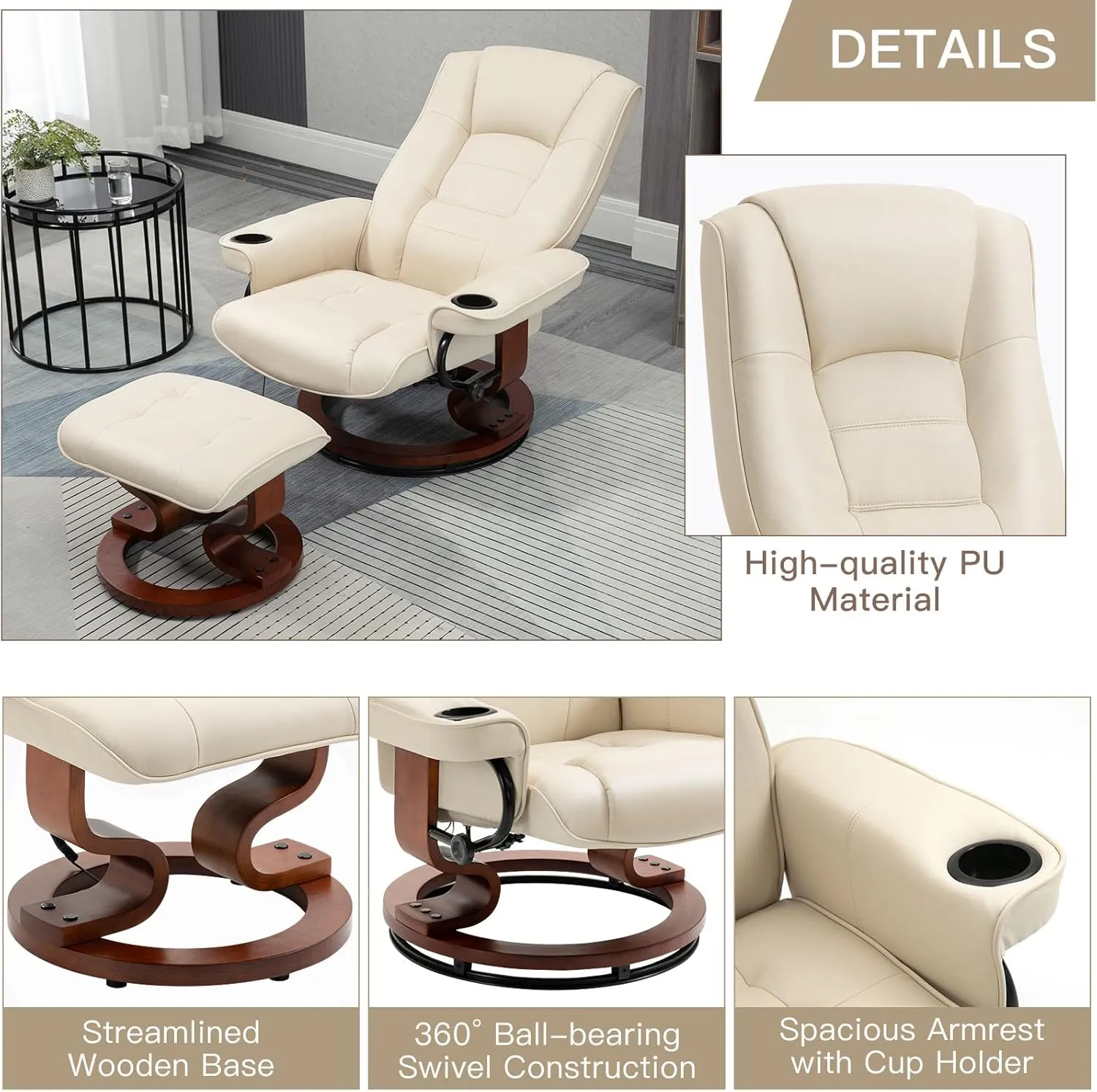 AVAWING Reclining Chair with Vibration Massage Faux Leather Recliner with Ottoman Swivel Wood Recliner Chairs for Living Room, Beige