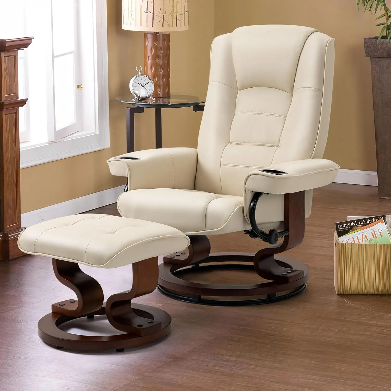 AVAWING Reclining Chair with Vibration Massage Faux Leather Recliner with Ottoman Swivel Wood Recliner Chairs for Living Room, Beige
