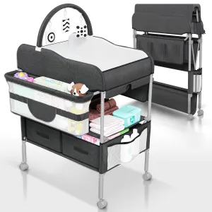 Baby Changing Table Black with Storage - Collapsible Baby Diaper Changing Station with Toy Holder, Baskets - Diaper Changing Table for Small Spaces, Portable Changing Table for Baby