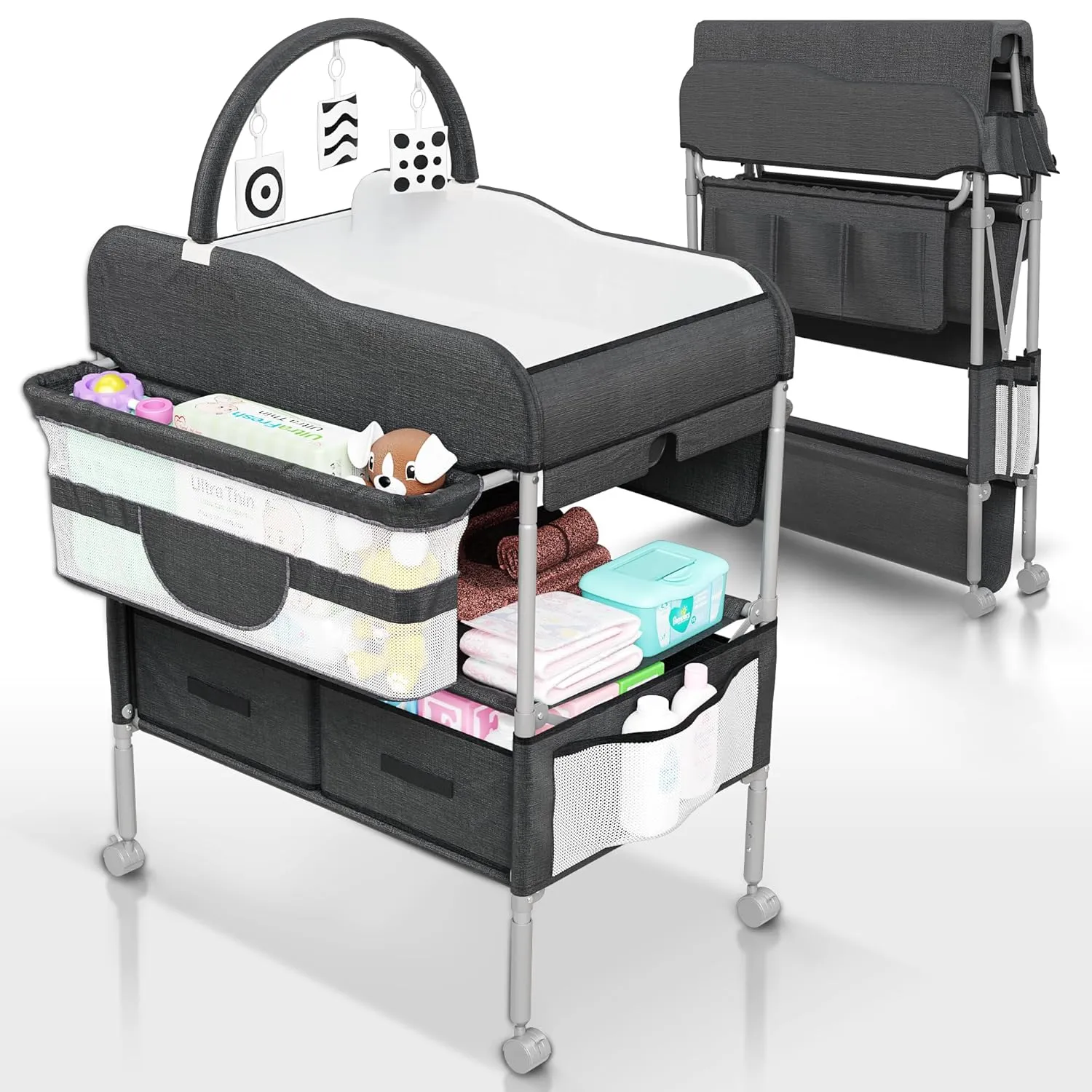 Baby Changing Table Black with Storage - Collapsible Baby Diaper Changing Station with Toy Holder, Baskets - Diaper Changing Table for Small Spaces, Portable Changing Table for Baby