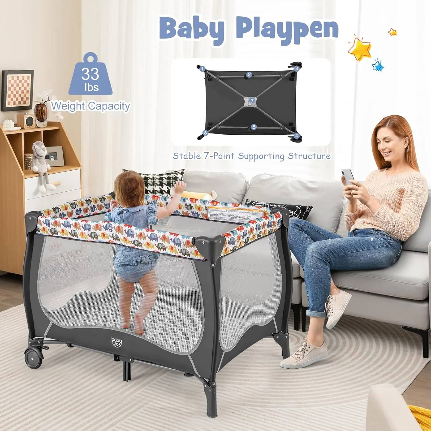 BABY JOY 4 in 1 Pack and Play, Portable Baby Playard with Bassinet, Adjustable Canopy, Changing Table, Lockable Wheels, Music Box, Travel Baby Crib Bassinet from Newborn to Toddler