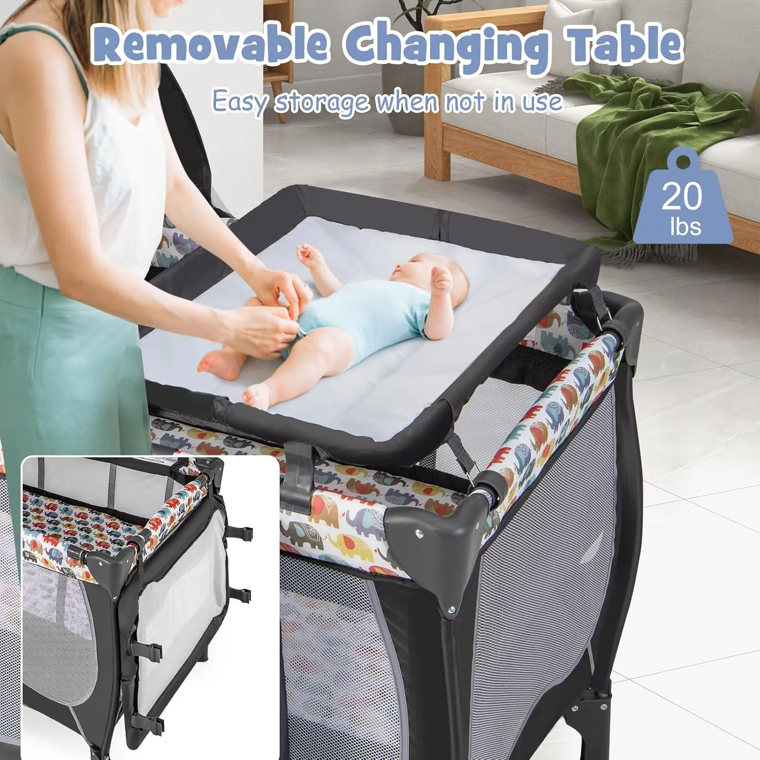 BABY JOY 4 in 1 Pack and Play, Portable Baby Playard with Bassinet, Adjustable Canopy, Changing Table, Lockable Wheels, Music Box, Travel Baby Crib Bassinet from Newborn to Toddler