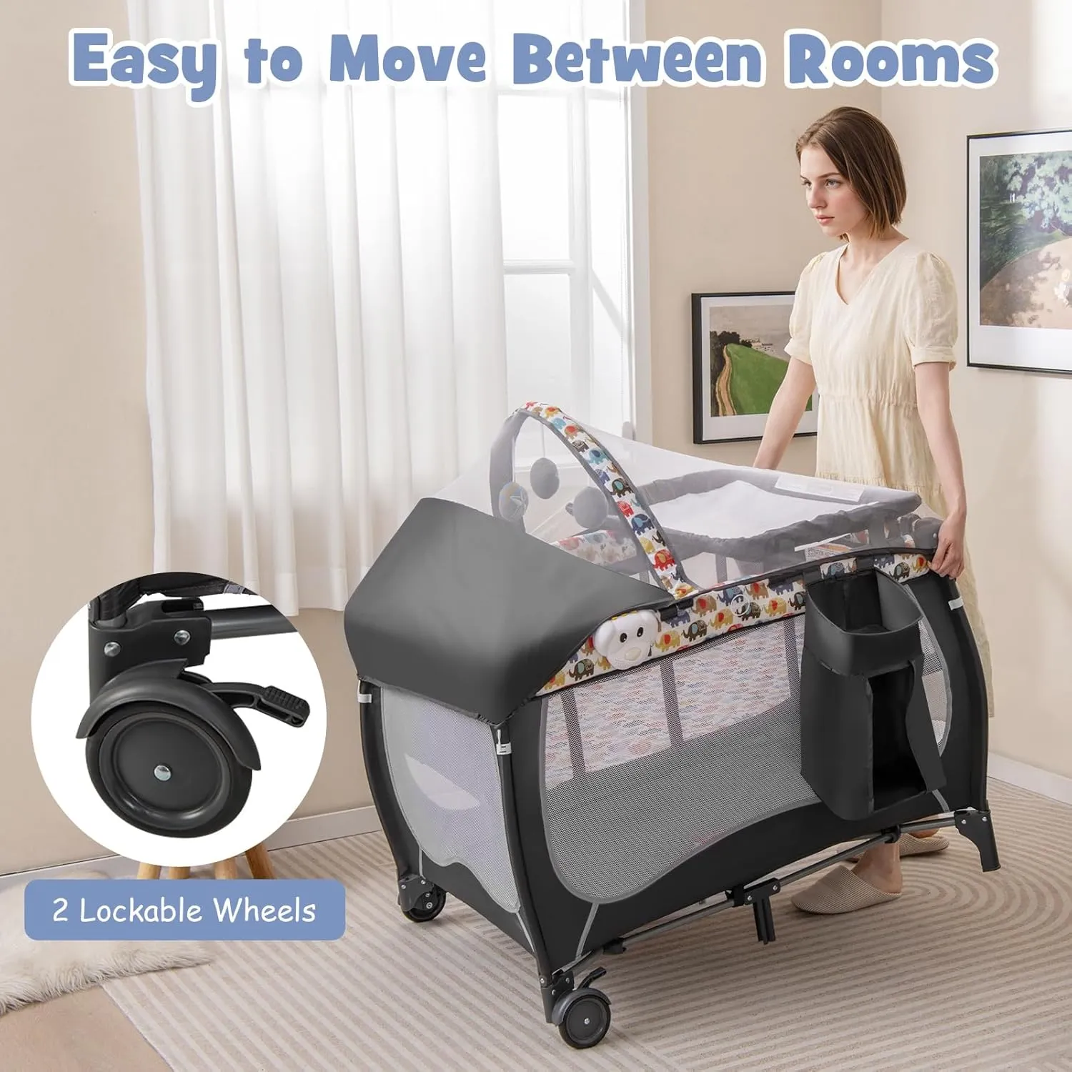BABY JOY 4 in 1 Pack and Play, Portable Baby Playard with Bassinet, Adjustable Canopy, Changing Table, Lockable Wheels, Music Box, Travel Baby Crib Bassinet from Newborn to Toddler