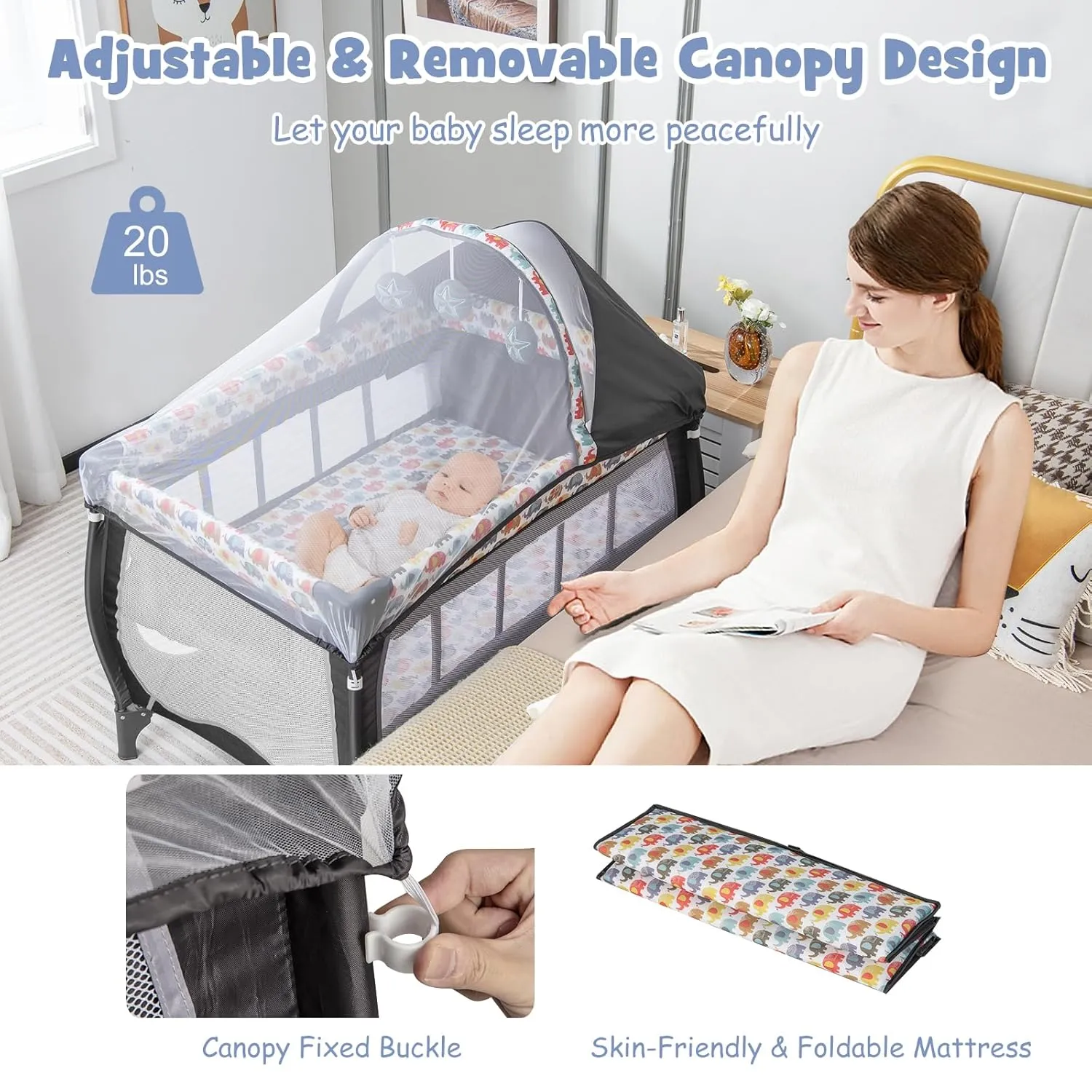 BABY JOY 4 in 1 Pack and Play, Portable Baby Playard with Bassinet, Adjustable Canopy, Changing Table, Lockable Wheels, Music Box, Travel Baby Crib Bassinet from Newborn to Toddler