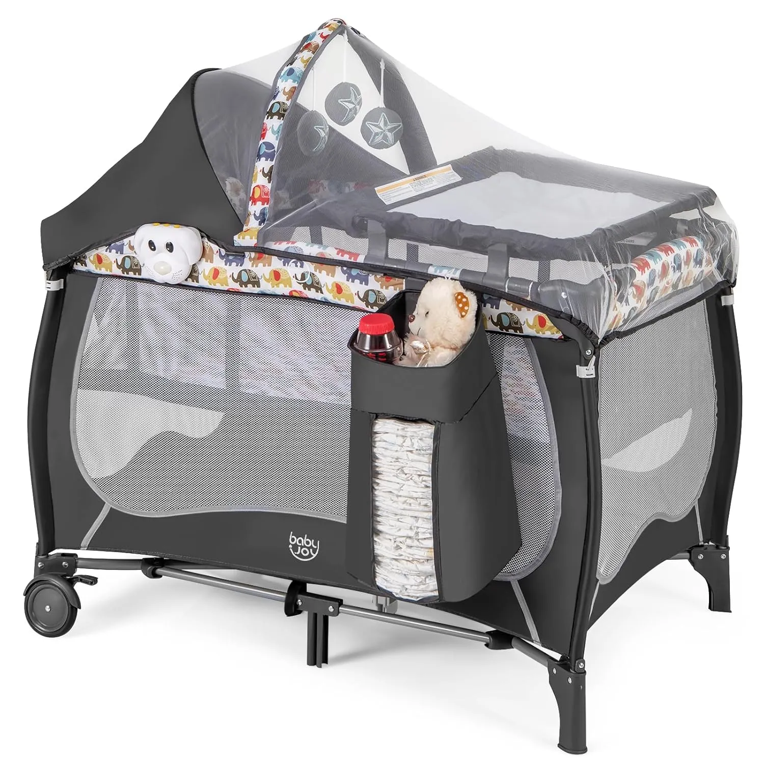BABY JOY 4 in 1 Pack and Play, Portable Baby Playard with Bassinet, Adjustable Canopy, Changing Table, Lockable Wheels, Music Box, Travel Baby Crib Bassinet from Newborn to Toddler