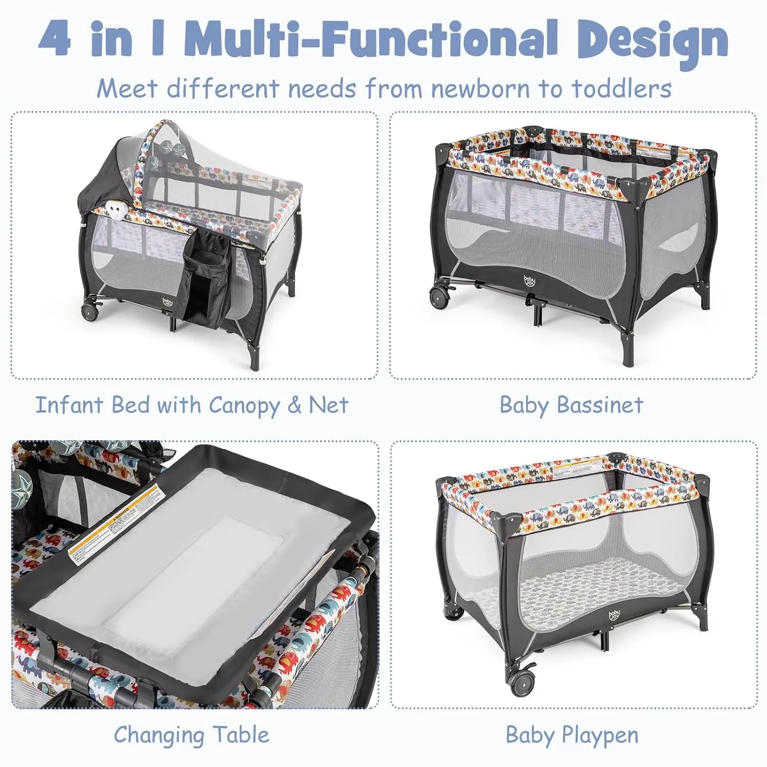 BABY JOY 4 in 1 Pack and Play, Portable Baby Playard with Bassinet, Adjustable Canopy, Changing Table, Lockable Wheels, Music Box, Travel Baby Crib Bassinet from Newborn to Toddler