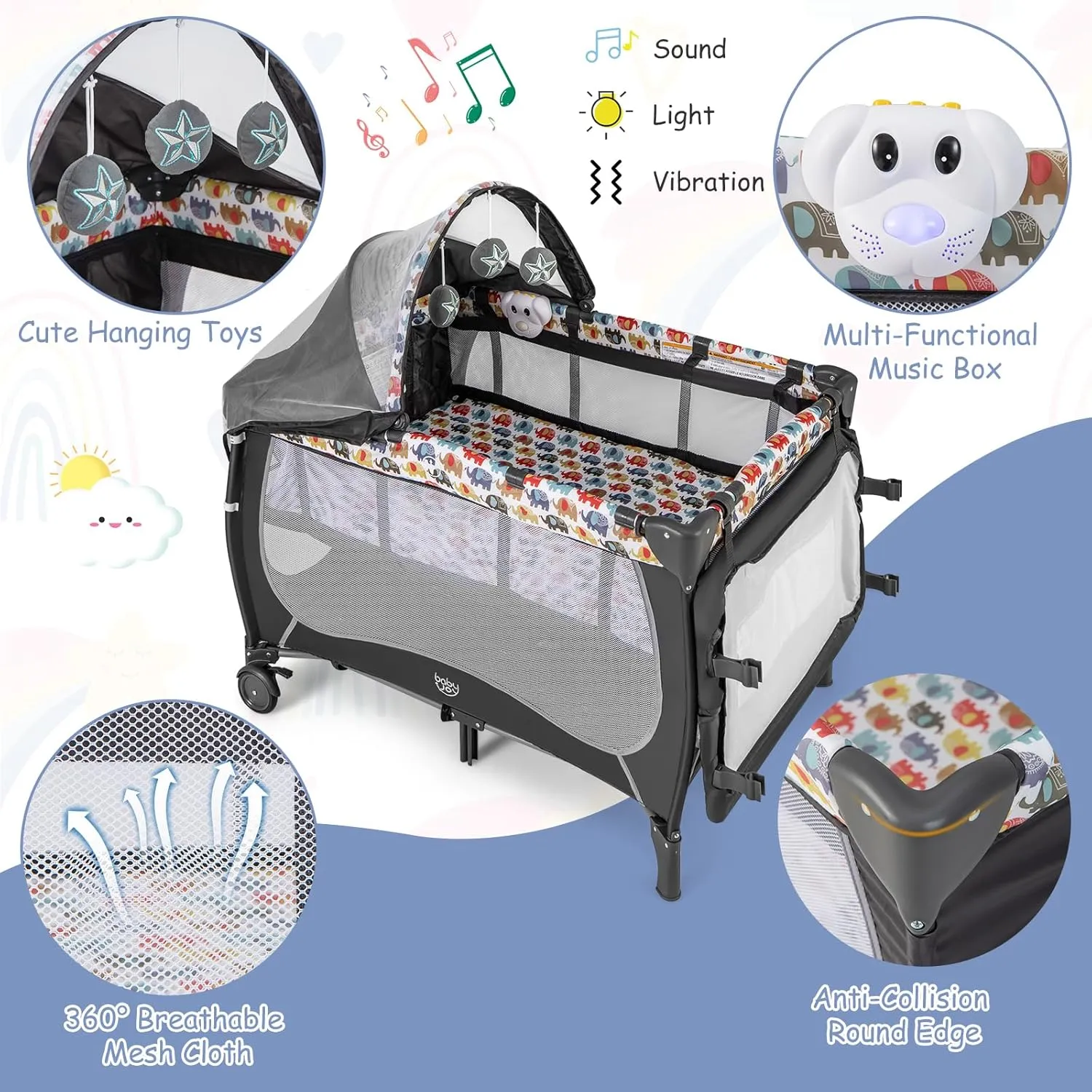 BABY JOY 4 in 1 Pack and Play, Portable Baby Playard with Bassinet, Adjustable Canopy, Changing Table, Lockable Wheels, Music Box, Travel Baby Crib Bassinet from Newborn to Toddler
