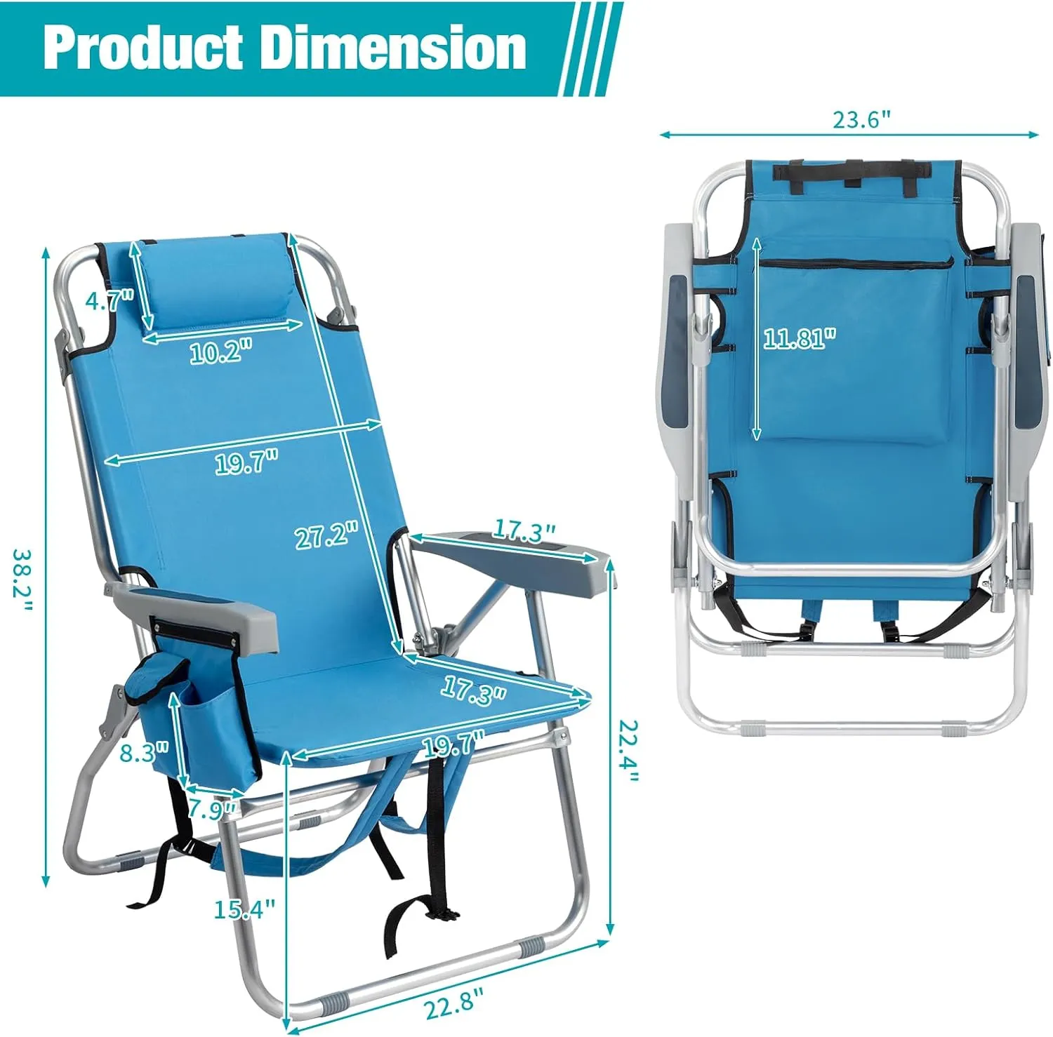 Backpack Beach Chair for Adults, Folding High Beach Chair with 5 Positions, Portable Lightweight Beach Chair with Cooler Pouch, Cup Holder for Beach, Camp, Outdoor, Heavy Duty 220 Lbs Capacity, Blue