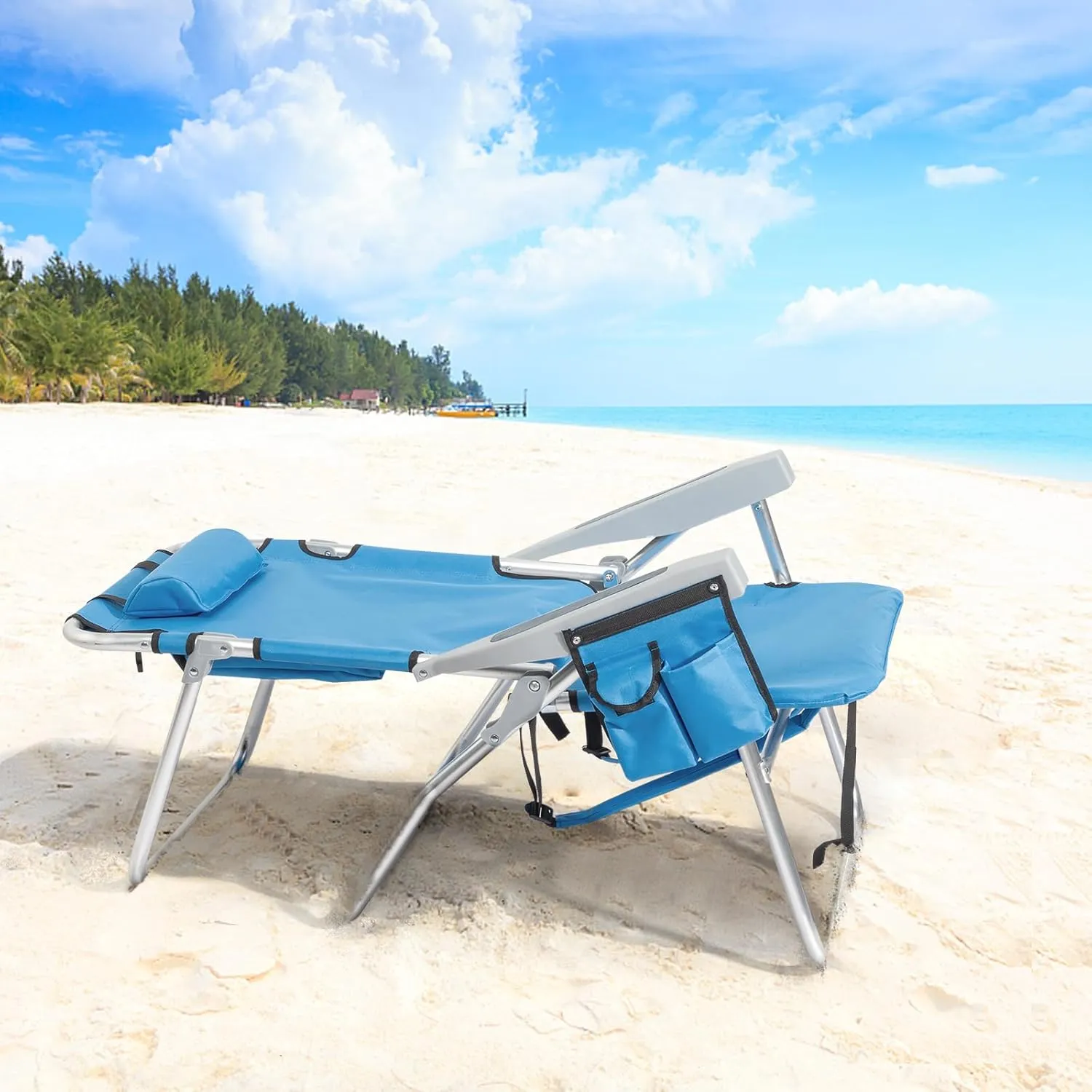 Backpack Beach Chair for Adults, Folding High Beach Chair with 5 Positions, Portable Lightweight Beach Chair with Cooler Pouch, Cup Holder for Beach, Camp, Outdoor, Heavy Duty 220 Lbs Capacity, Blue