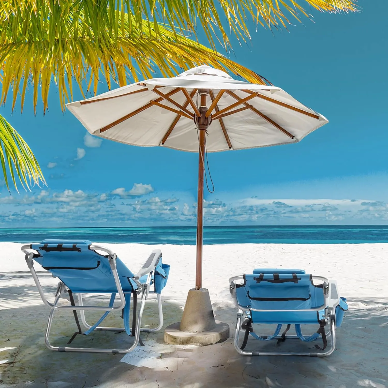 Backpack Beach Chair for Adults, Folding High Beach Chair with 5 Positions, Portable Lightweight Beach Chair with Cooler Pouch, Cup Holder for Beach, Camp, Outdoor, Heavy Duty 220 Lbs Capacity, Blue