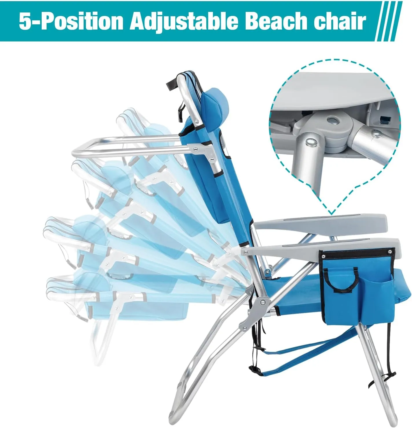 Backpack Beach Chair for Adults, Folding High Beach Chair with 5 Positions, Portable Lightweight Beach Chair with Cooler Pouch, Cup Holder for Beach, Camp, Outdoor, Heavy Duty 220 Lbs Capacity, Blue
