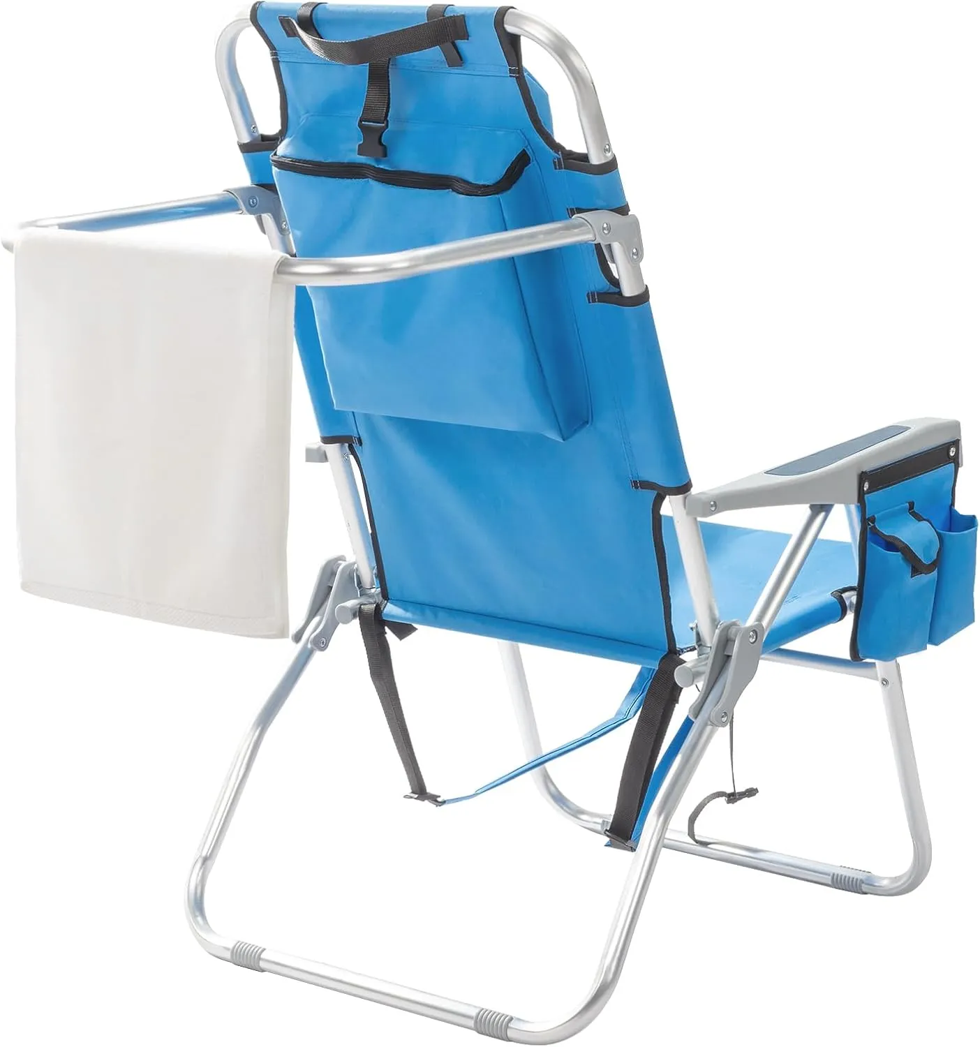Backpack Beach Chair for Adults, Folding High Beach Chair with 5 Positions, Portable Lightweight Beach Chair with Cooler Pouch, Cup Holder for Beach, Camp, Outdoor, Heavy Duty 220 Lbs Capacity, Blue
