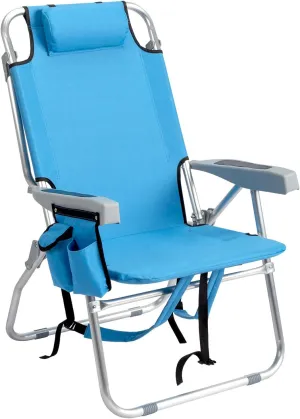 Backpack Beach Chair for Adults, Folding High Beach Chair with 5 Positions, Portable Lightweight Beach Chair with Cooler Pouch, Cup Holder for Beach, Camp, Outdoor, Heavy Duty 220 Lbs Capacity, Blue