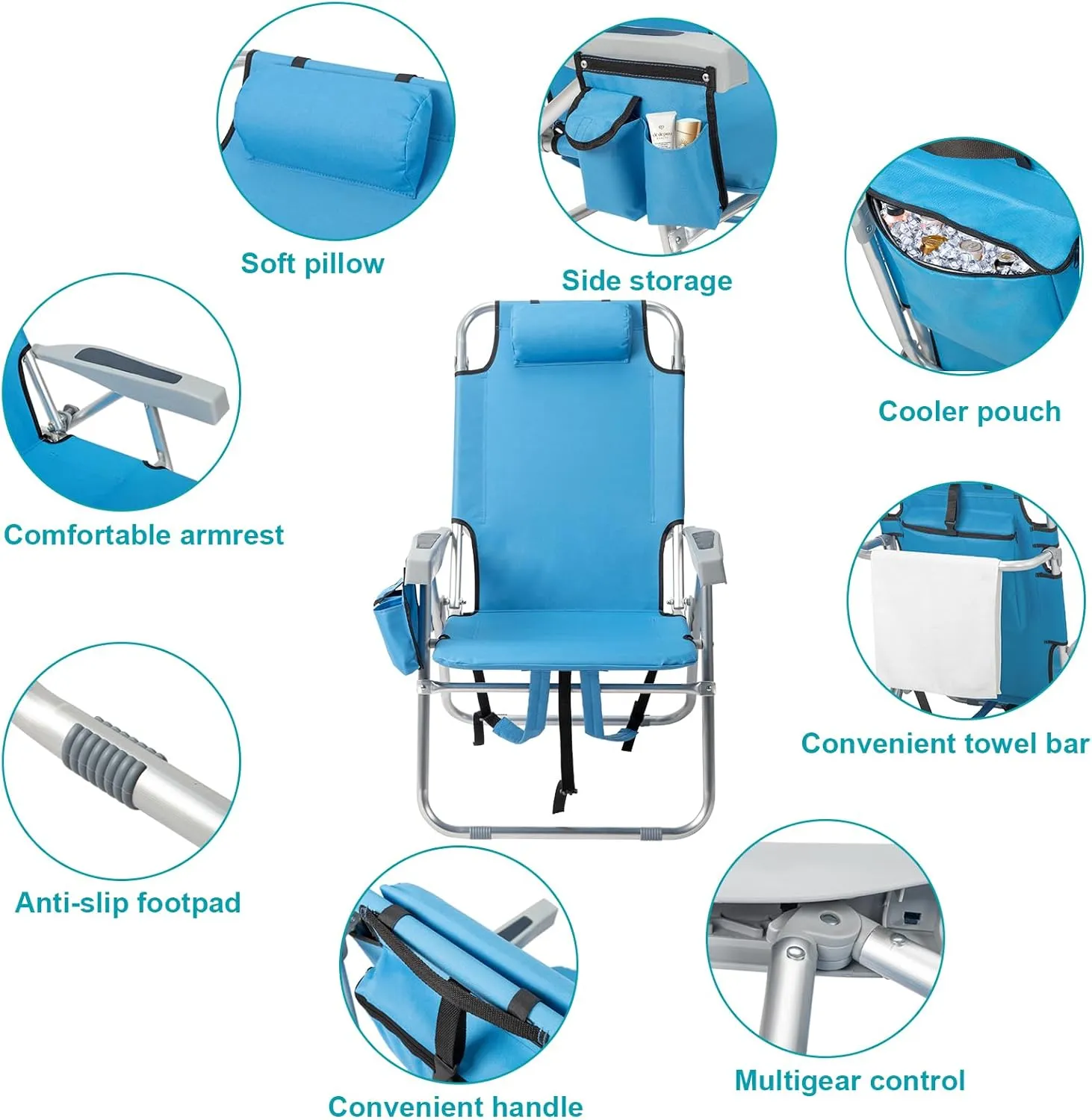 Backpack Beach Chair for Adults, Folding High Beach Chair with 5 Positions, Portable Lightweight Beach Chair with Cooler Pouch, Cup Holder for Beach, Camp, Outdoor, Heavy Duty 220 Lbs Capacity, Blue
