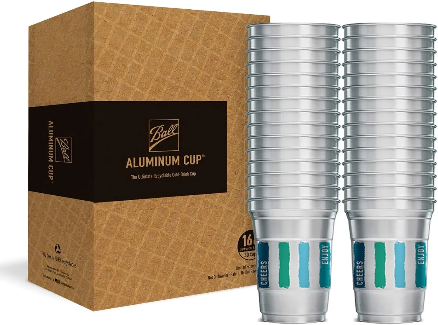 Ball Aluminum Cup Recyclable Party Cups, Everyday Logo, 16oz. Cup, 30 Cups Per Pack