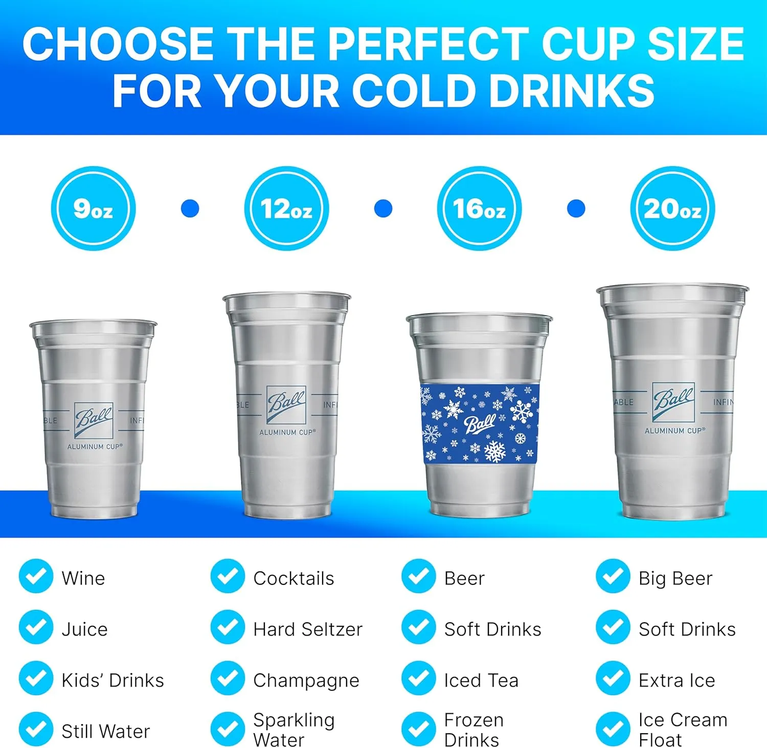 Ball Aluminum Cup Recyclable Party Cups, Winter Seasonal Design, 16oz. Cup, 30 Cups Per Pack