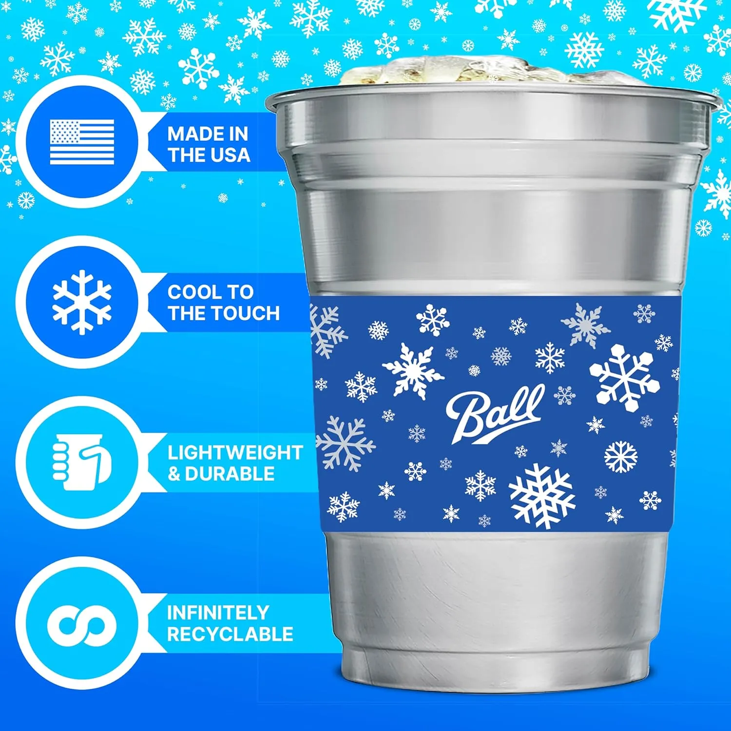 Ball Aluminum Cup Recyclable Party Cups, Winter Seasonal Design, 16oz. Cup, 30 Cups Per Pack
