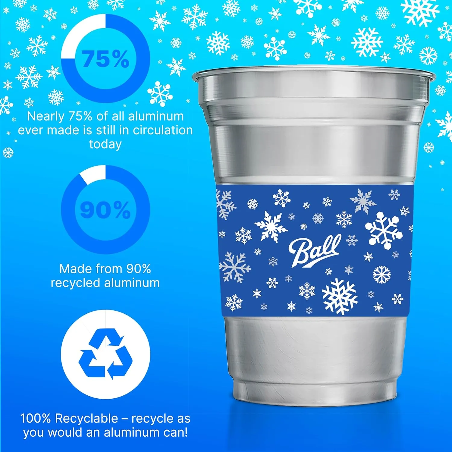 Ball Aluminum Cup Recyclable Party Cups, Winter Seasonal Design, 16oz. Cup, 30 Cups Per Pack
